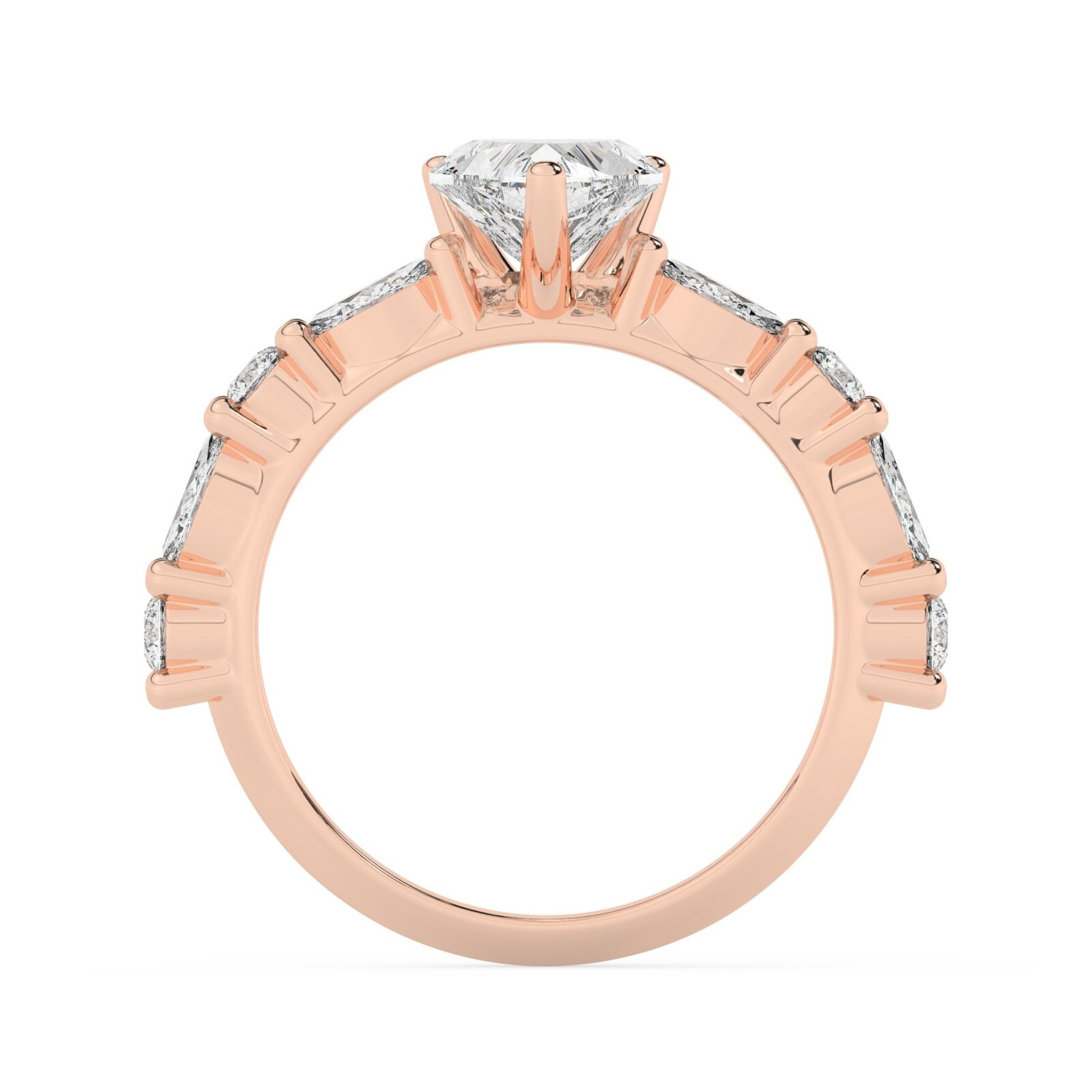 טבעת אירוסין סוליטר ויהלומים בצדדים דגם 50068 כסף מצופה זהב אדום רוזגולד במרכז זירקוניה 4 קראט בחיתוך לב מסביב ובצדדים זירקונים – תמונה 3