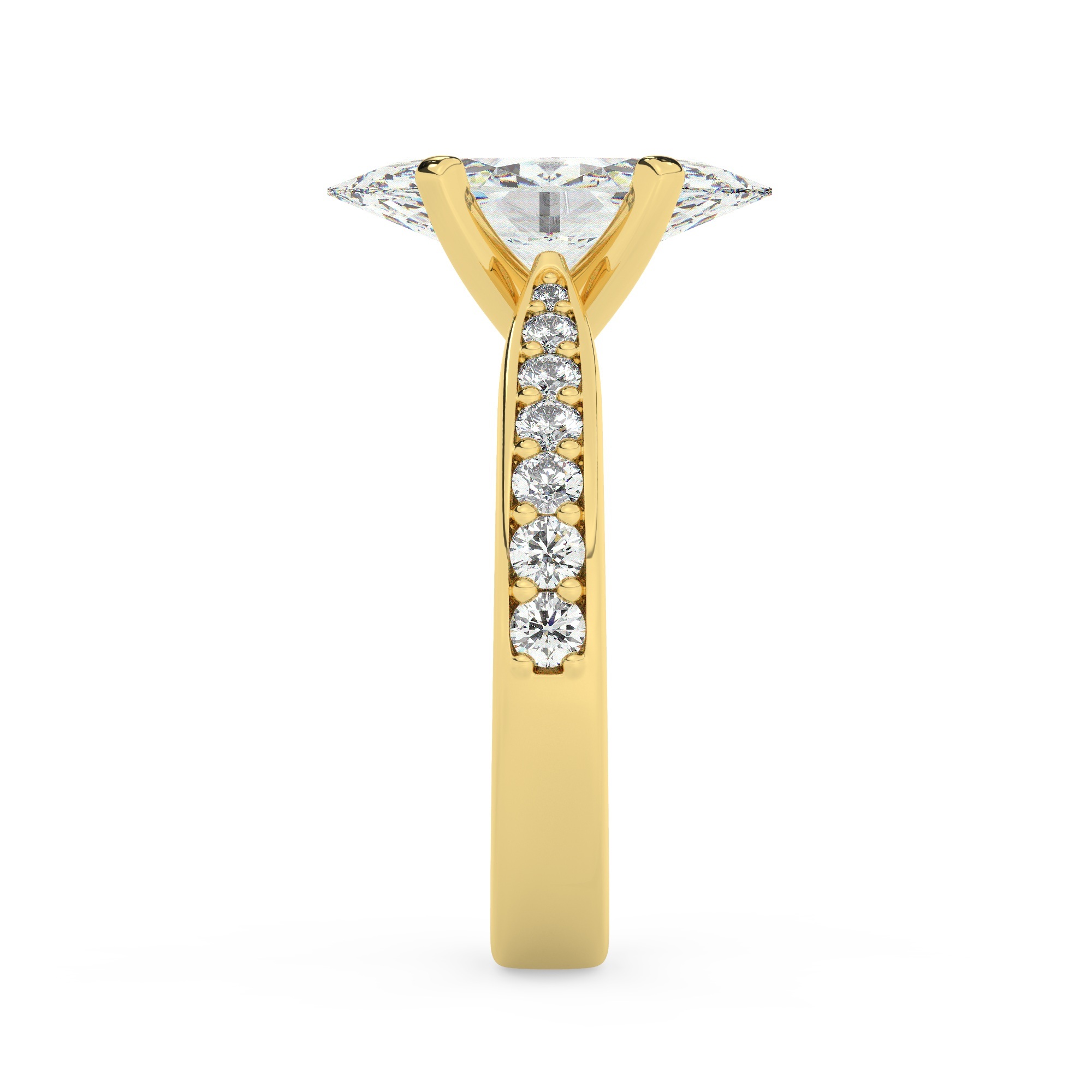 טבעת אירוסין סוליטר וזירקונים בצדדים דגם 50017 זהב צהוב 14 קראט במרכז זירקוניה 1 קראט בחיתוך מרקיזה מסביב ובצדדים זירקונים בחיתוך עגול – תמונה 4