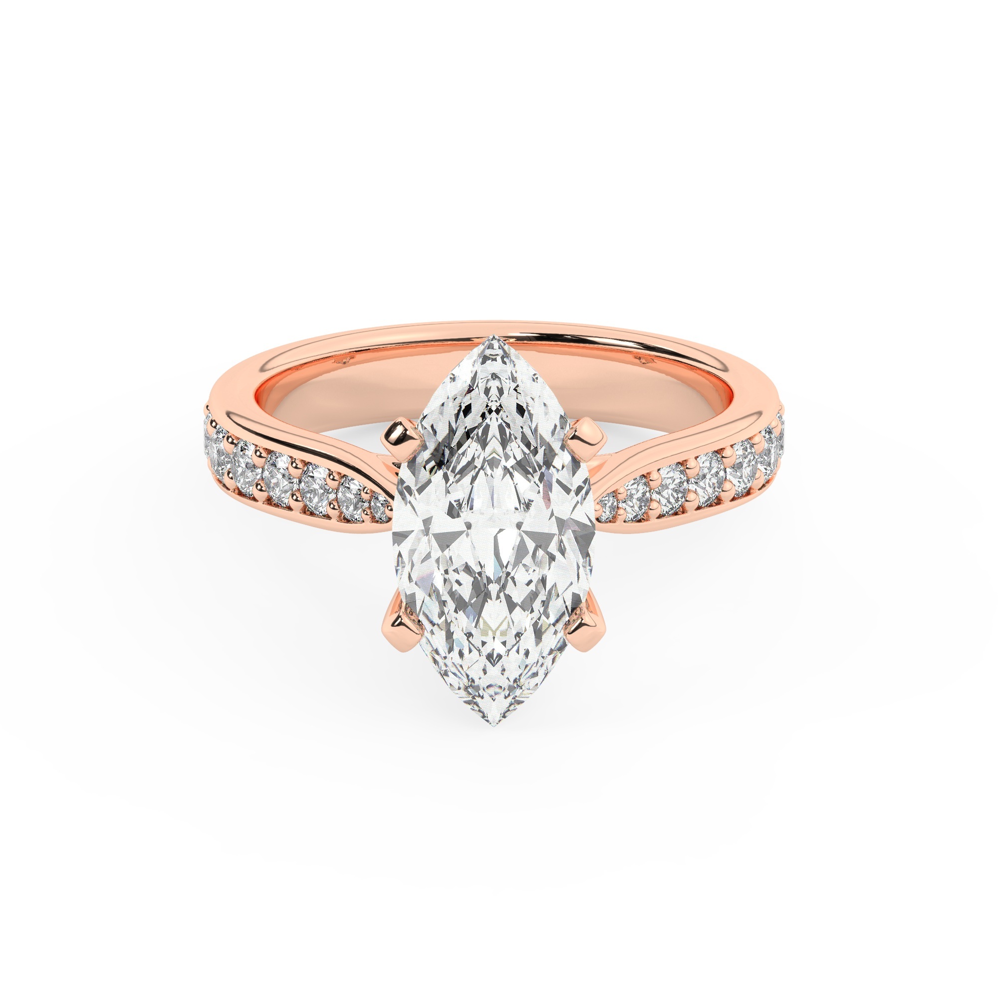 טבעת אירוסין סוליטר וזירקונים בצדדים דגם 50017 זהב אדום רוזגולד 14 קראט במרכז זירקוניה 1.50 קראט בחיתוך מרקיזה מסביב ובצדדים זירקונים בחיתוך עגול – תמונה 2