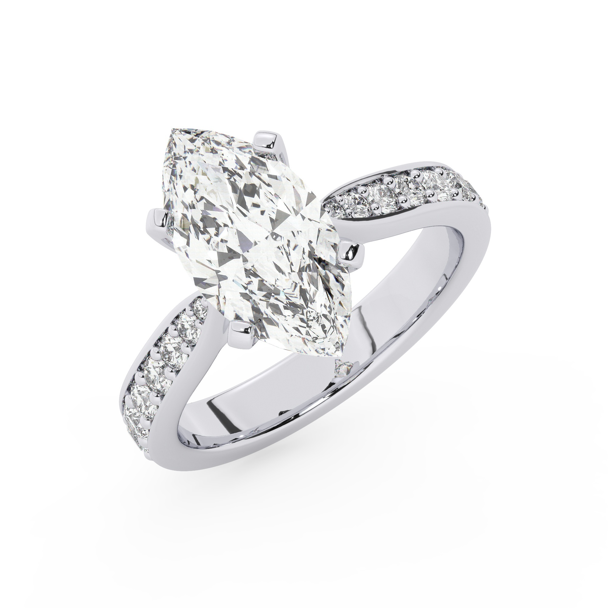 טבעת אירוסין סוליטר וזירקונים בצדדים דגם 50017 זהב לבן 14 קראט במרכז זירקוניה 1.50 קראט בחיתוך מרקיזה מסביב ובצדדים זירקונים בחיתוך עגול