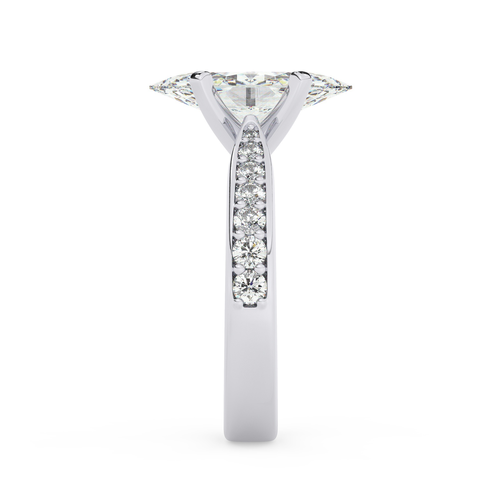 טבעת אירוסין סוליטר וזירקונים בצדדים דגם 50017 זהב לבן 14 קראט במרכז זירקוניה 4 קראט בחיתוך מרקיזה מסביב ובצדדים זירקונים בחיתוך עגול – תמונה 4