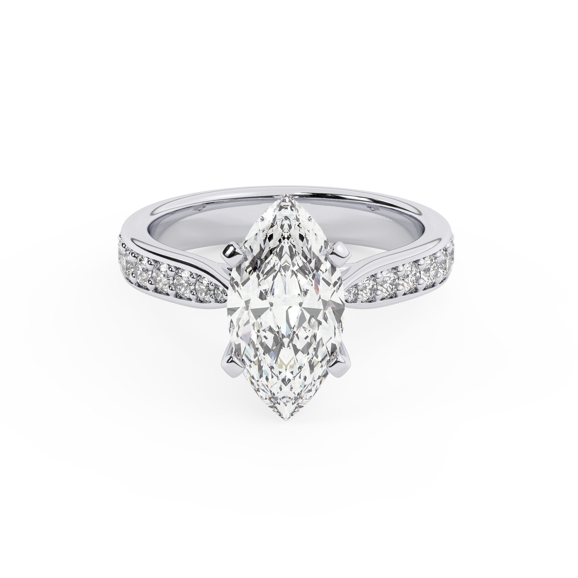 טבעת אירוסין סוליטר וזירקונים בצדדים דגם 50017 זהב לבן 14 קראט במרכז זירקוניה 5 קראט בחיתוך מרקיזה מסביב ובצדדים זירקונים בחיתוך עגול – תמונה 2