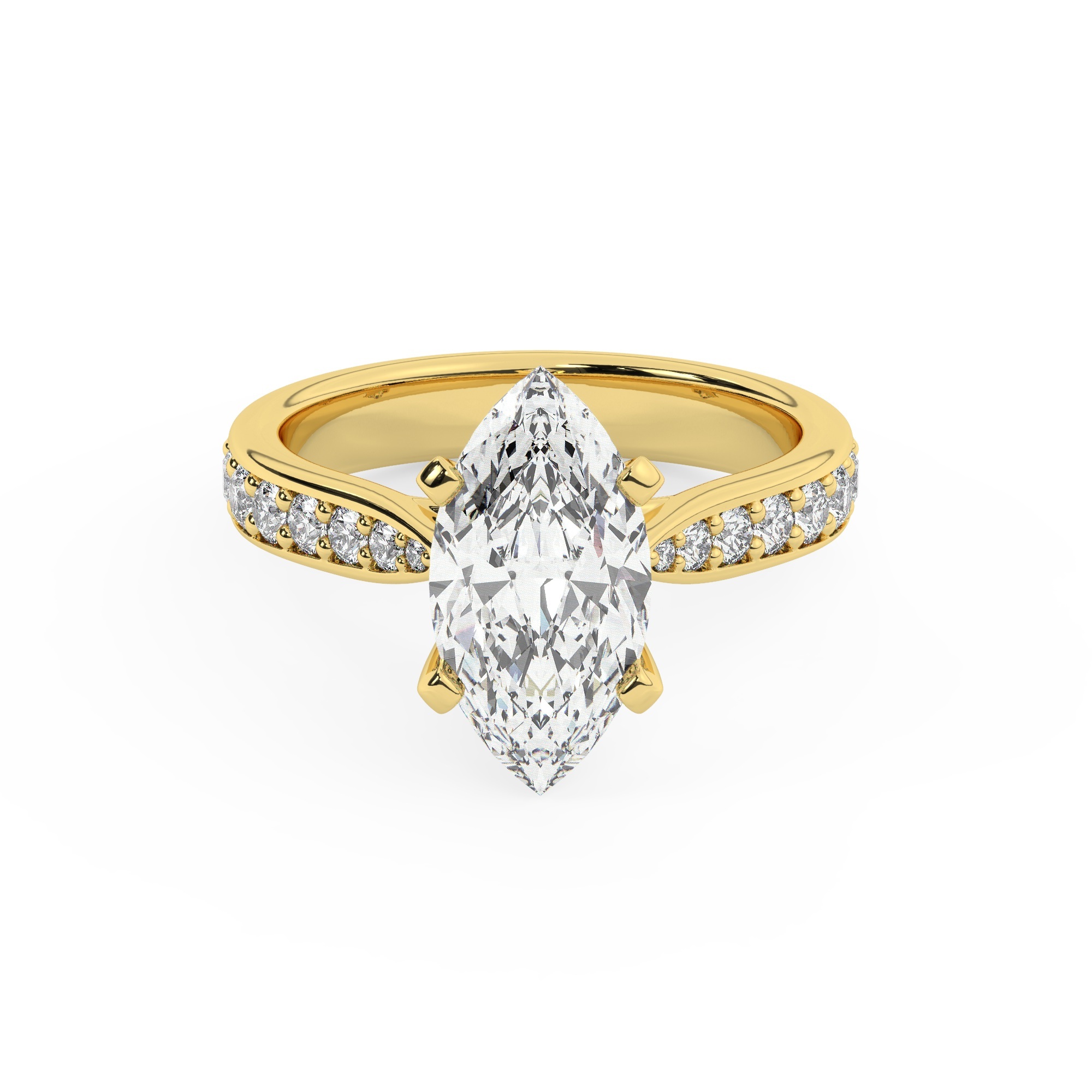 טבעת אירוסין סוליטר וזירקונים בצדדים דגם 50017 זהב צהוב 14 קראט במרכז זירקוניה 0.50 קראט בחיתוך מרקיזה מסביב ובצדדים זירקונים בחיתוך עגול – תמונה 2