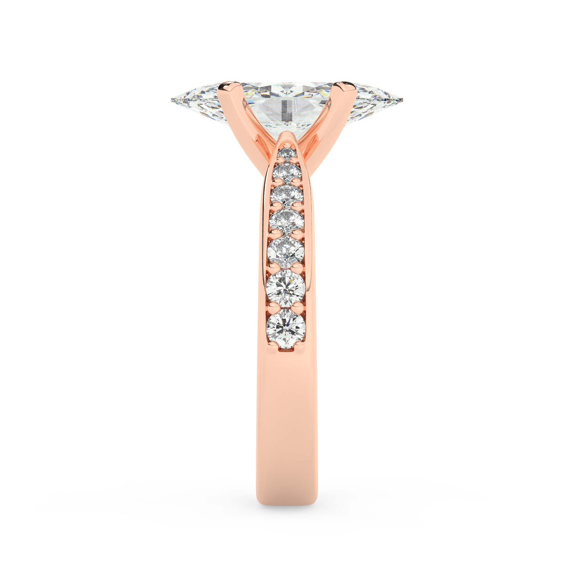 טבעת אירוסין סוליטר וזירקונים בצדדים דגם 50017 זהב אדום רוזגולד 14 קראט במרכז זירקוניה 0.75 קראט בחיתוך מרקיזה מסביב ובצדדים זירקונים בחיתוך עגול – תמונה 4