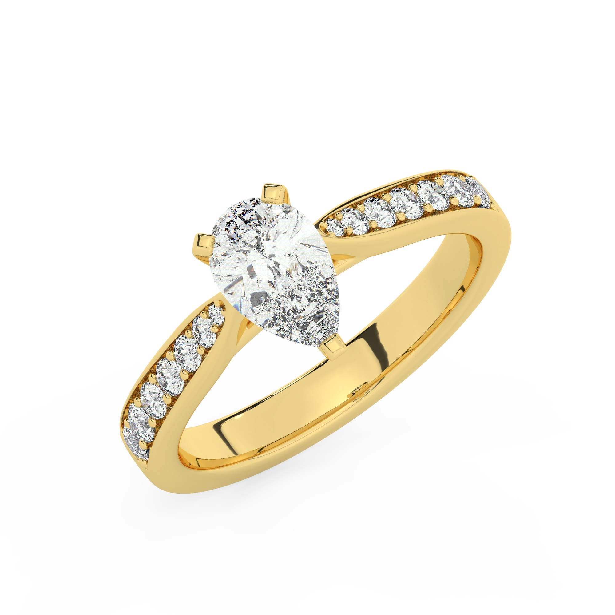 טבעת אירוסין סוליטר וזירקונים בצדדים דגם 50017 כסף מצופה זהב צהוב במרכז זירקוניה 0.50 קראט בחיתוך טיפה מסביב ובצדדים זירקונים בחיתוך עגול