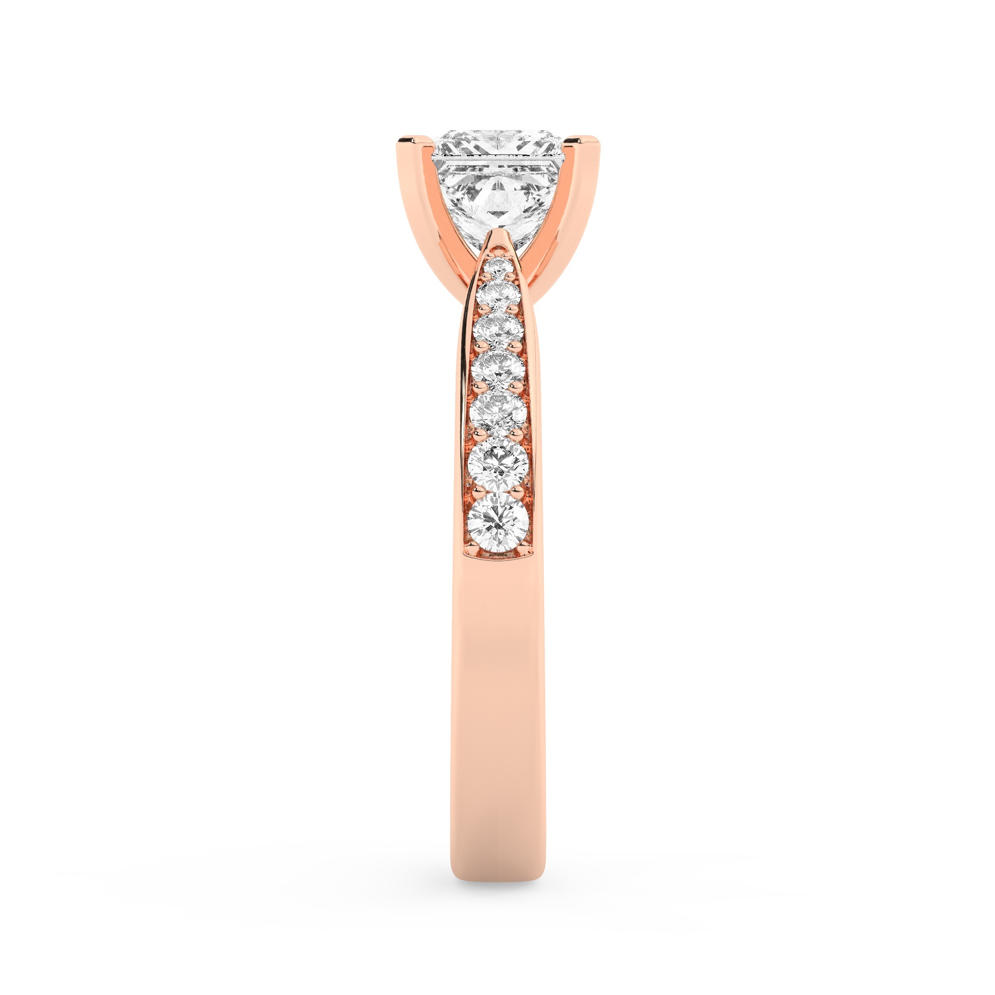 טבעת אירוסין סוליטר וזירקונים בצדדים דגם 50017 זהב אדום רוזגולד 14 קראט במרכז זירקוניה 1.50 קראט בחיתוך פרינסס מסביב ובצדדים זירקונים בחיתוך עגול – תמונה 4