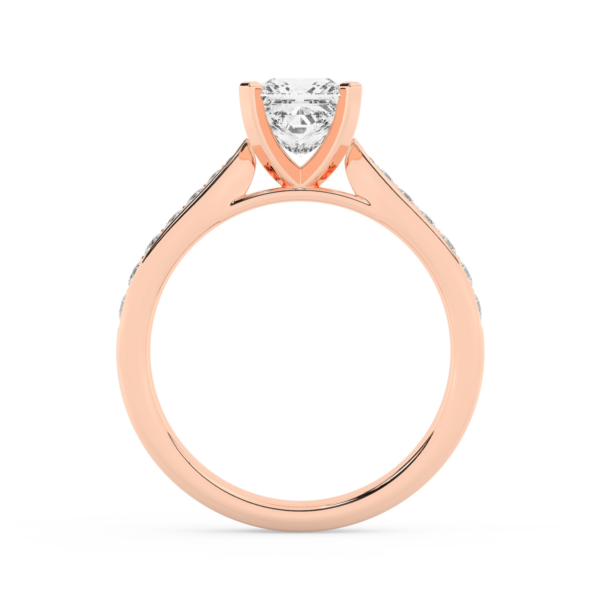 טבעת אירוסין סוליטר וזירקונים בצדדים דגם 50017 זהב אדום רוזגולד 14 קראט במרכז זירקוניה 2.50 קראט בחיתוך פרינסס מסביב ובצדדים זירקונים בחיתוך עגול – תמונה 3