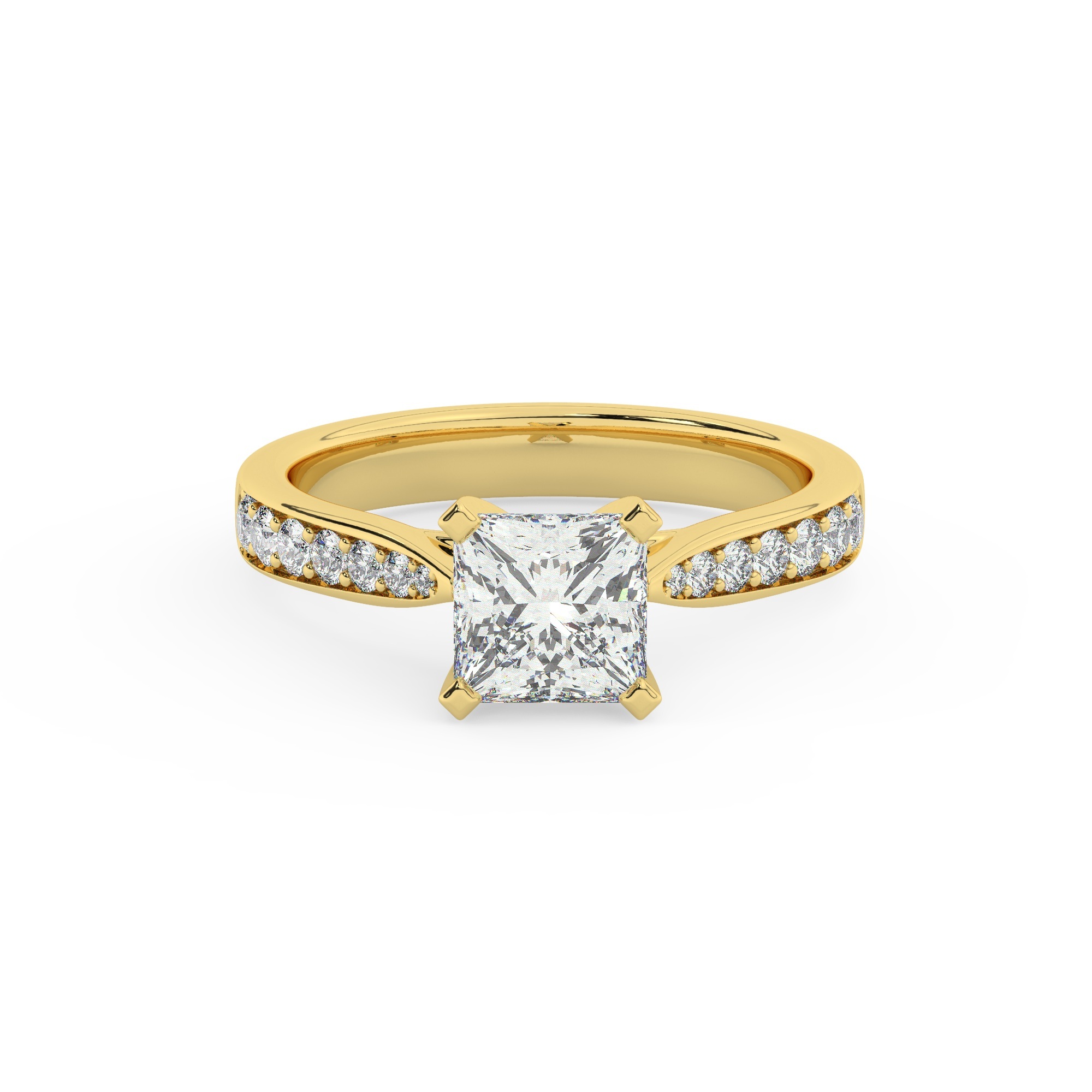 טבעת אירוסין סוליטר וזירקונים בצדדים דגם 50017 כסף מצופה זהב צהוב במרכז זירקוניה 2.50 קראט בחיתוך פרינסס מסביב ובצדדים זירקונים בחיתוך עגול – תמונה 2