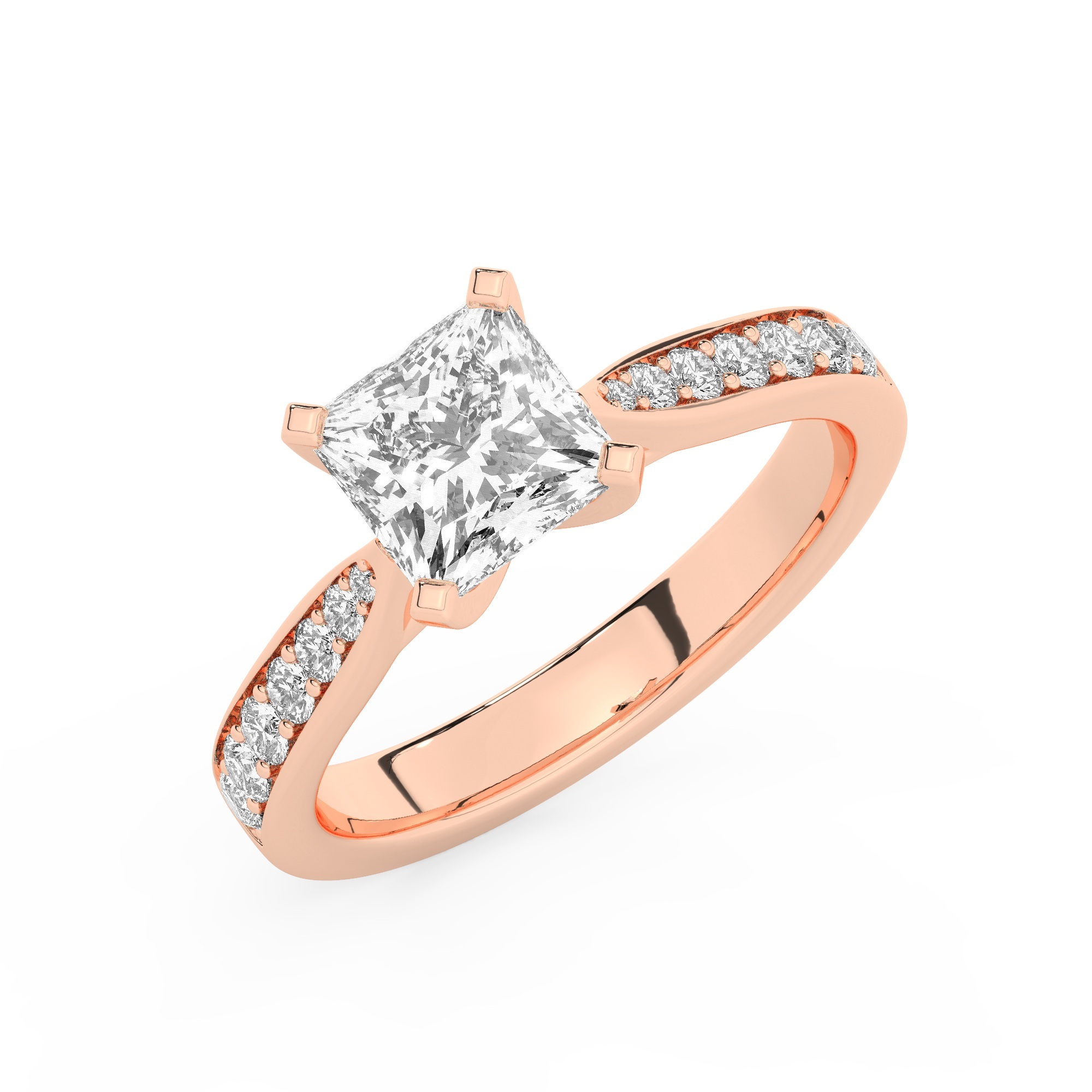 טבעת אירוסין סוליטר וזירקונים בצדדים דגם 50017 זהב אדום רוזגולד 14 קראט במרכז זירקוניה 3 קראט בחיתוך פרינסס מסביב ובצדדים זירקונים בחיתוך עגול