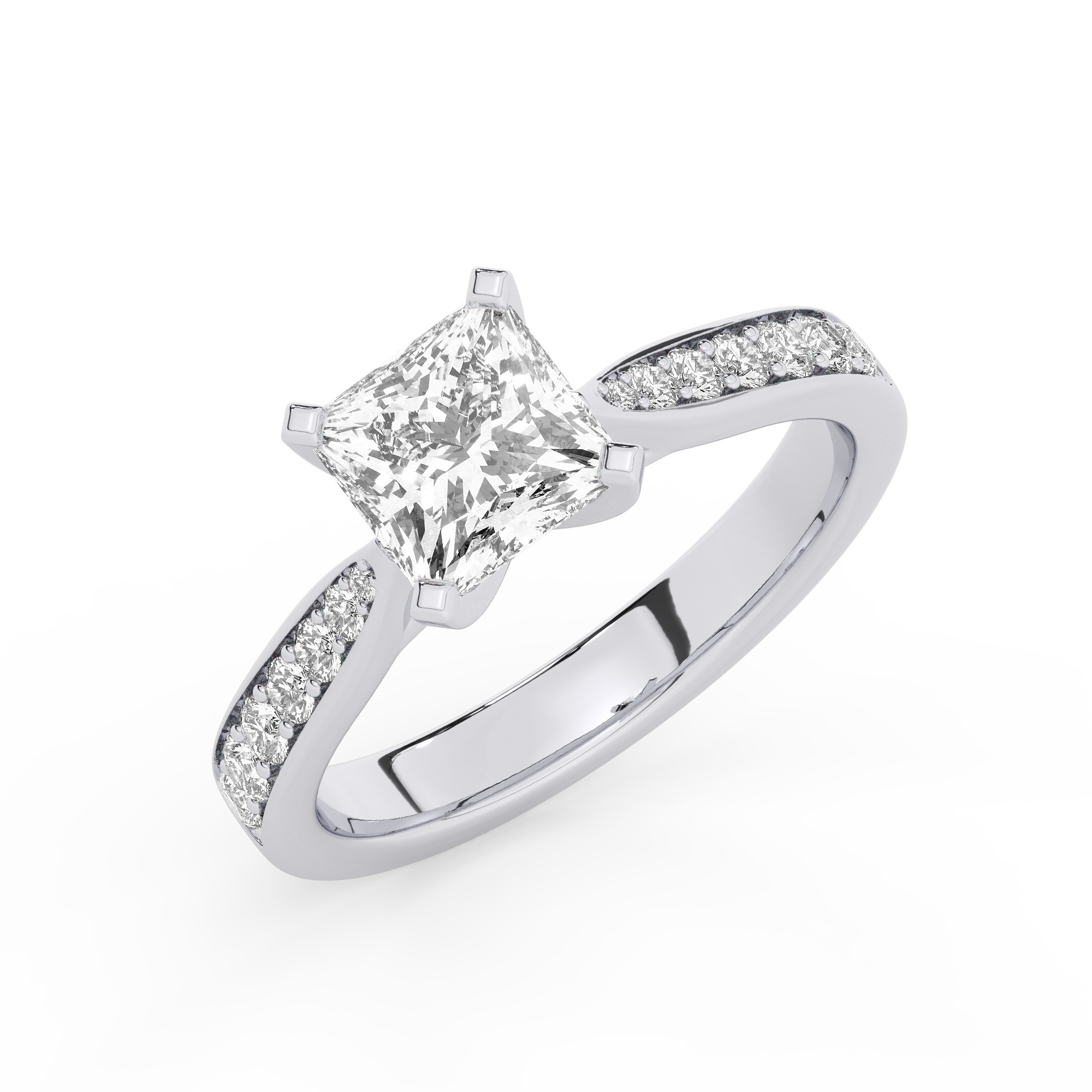 טבעת אירוסין סוליטר וזירקונים בצדדים דגם 50017 כסף מצופה זהב לבן במרכז זירקוניה 0.50 קראט בחיתוך פרינסס מסביב ובצדדים זירקונים בחיתוך עגול