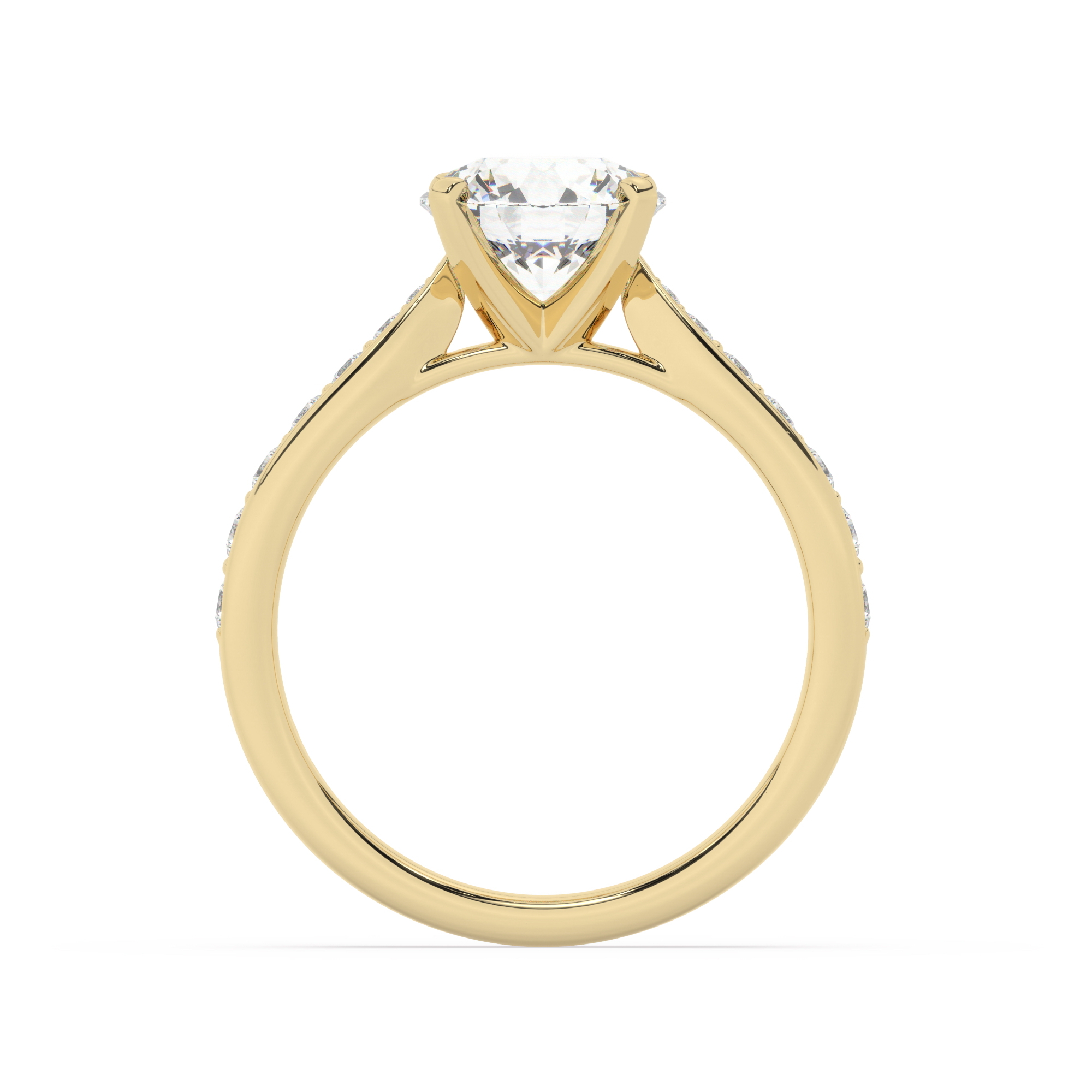 טבעת אירוסין סוליטר ויהלומים בצדדים דגם 50017 זהב צהוב 14 קראט במרכז יהלום טבעי 1 קראט בחיתוך עגול עם תעודה גמולוגית אמריקאית GIA מסביב ובצדדים יהלומים טבעים במשקל כולל של 0.15 קראט בחיתוך עגול – תמונה 3