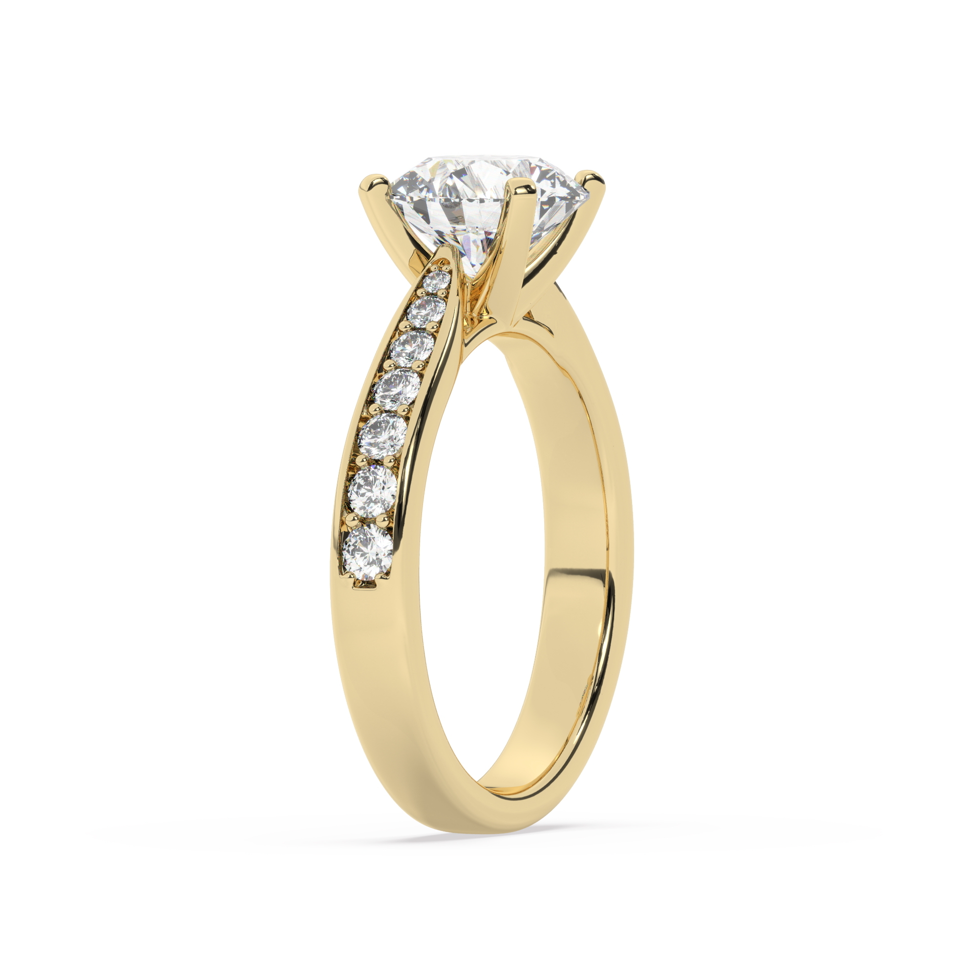 טבעת אירוסין סוליטר ויהלומים בצדדים דגם 50017 זהב צהוב 14 קראט במרכז יהלום טבעי 1 קראט בחיתוך עגול עם תעודה גמולוגית אמריקאית GIA מסביב ובצדדים יהלומים טבעים במשקל כולל של 0.15 קראט בחיתוך עגול – תמונה 4