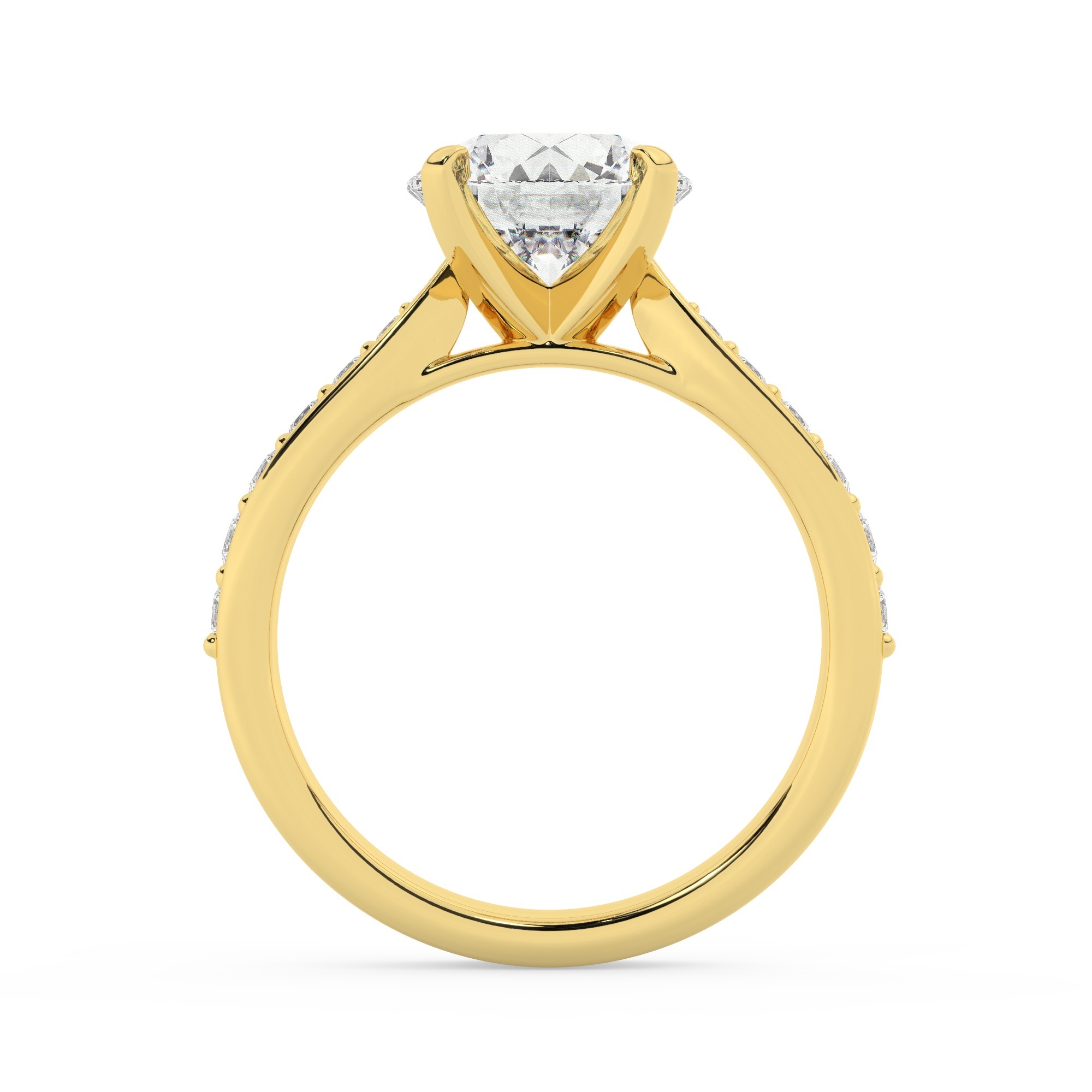 טבעת אירוסין סוליטר וזירקונים בצדדים דגם 50017 זהב צהוב 14 קראט במרכז זירקוניה 2 קראט בחיתוך עגול מסביב ובצדדים זירקונים בחיתוך עגול – תמונה 3