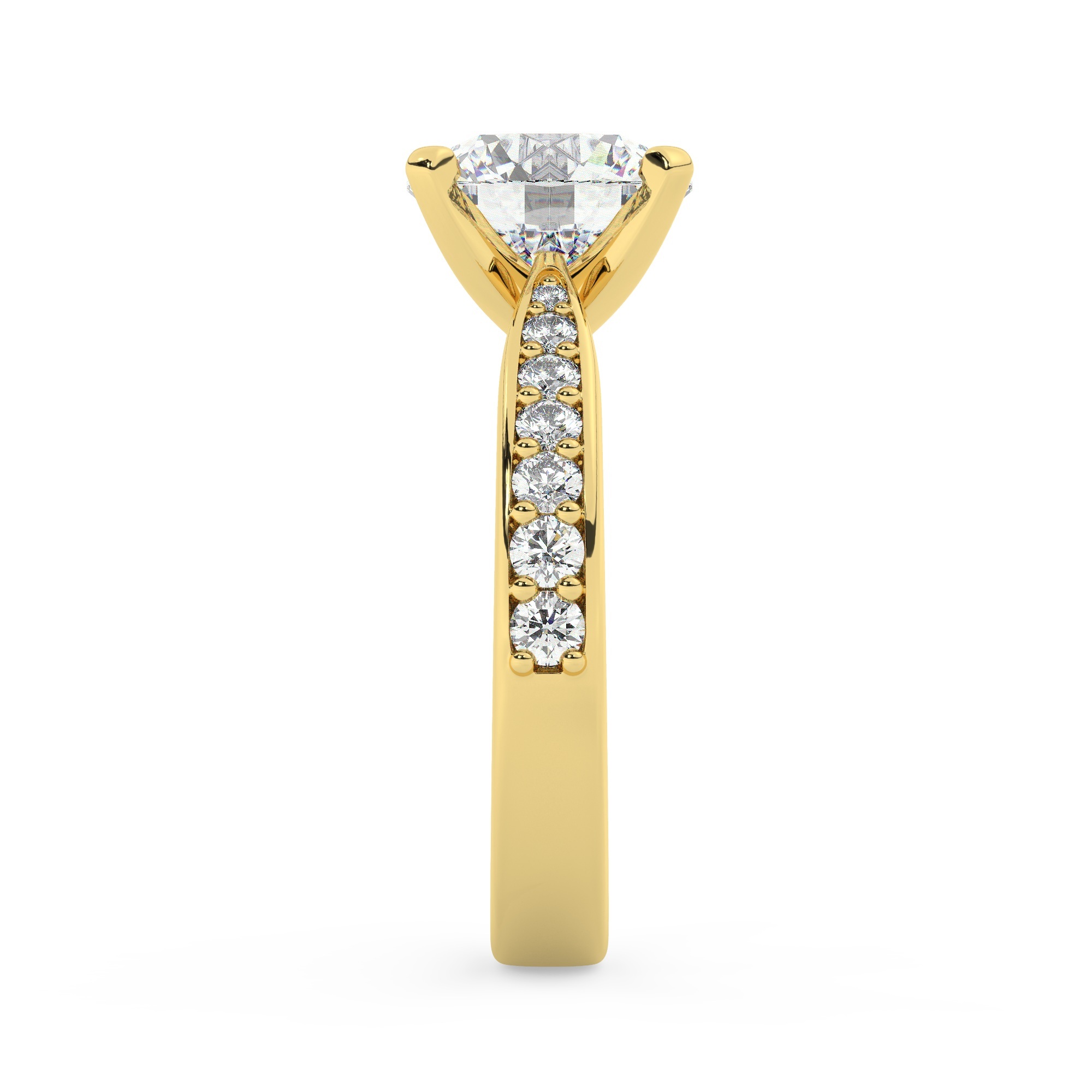 טבעת אירוסין סוליטר וזירקונים בצדדים דגם 50017 זהב צהוב 14 קראט במרכז זירקוניה 2 קראט בחיתוך עגול מסביב ובצדדים זירקונים בחיתוך עגול – תמונה 4