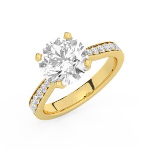 טבעת אירוסין סוליטר וזירקונים בצדדים דגם 50017 זהב צהוב 14 קראט במרכז זירקוניה 3 קראט בחיתוך עגול מסביב ובצדדים זירקונים בחיתוך עגול