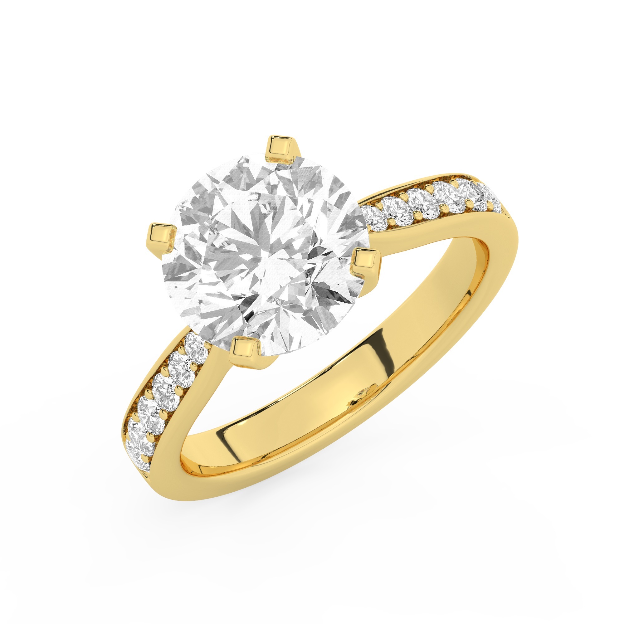 טבעת אירוסין סוליטר וזירקונים בצדדים דגם 50017 זהב צהוב 14 קראט במרכז זירקוניה 3 קראט בחיתוך עגול מסביב ובצדדים זירקונים בחיתוך עגול