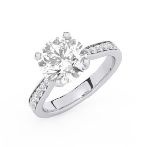 טבעת אירוסין סוליטר וזירקונים בצדדים דגם 50017 זהב לבן 14 קראט במרכז זירקוניה 3 קראט בחיתוך עגול מסביב ובצדדים זירקונים בחיתוך עגול