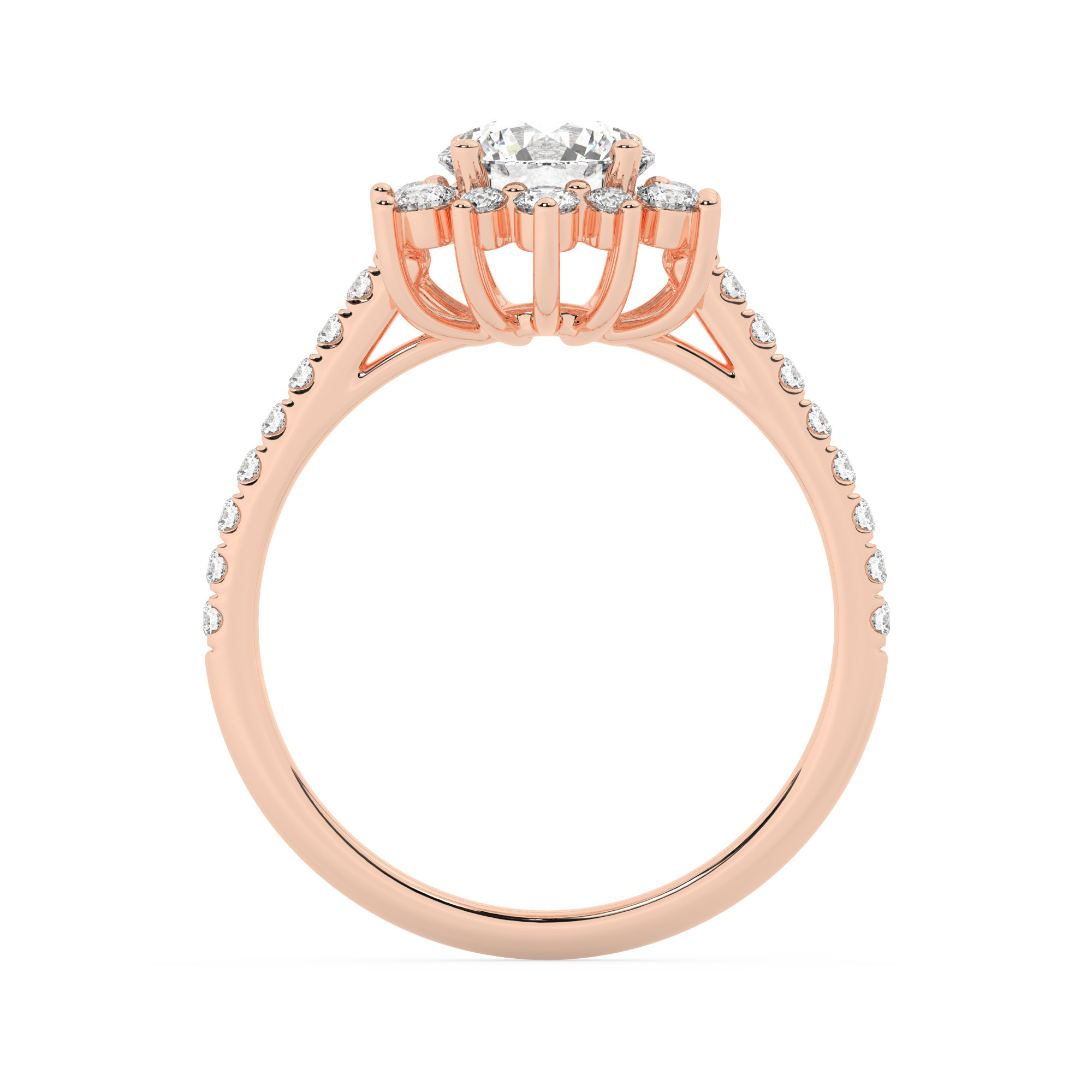 טבעת אירוסין היילו דגם 50024 זהב אדום רוזגולד 14 קראט במרכז יהלום טבעי 1 קראט בחיתוך עגול עם תעודה גמולוגית אמריקאית GIA מסביב ובצדדים יהלומים טבעים במשקל כולל של 0.39 קראט בחיתוך עגול – תמונה 3