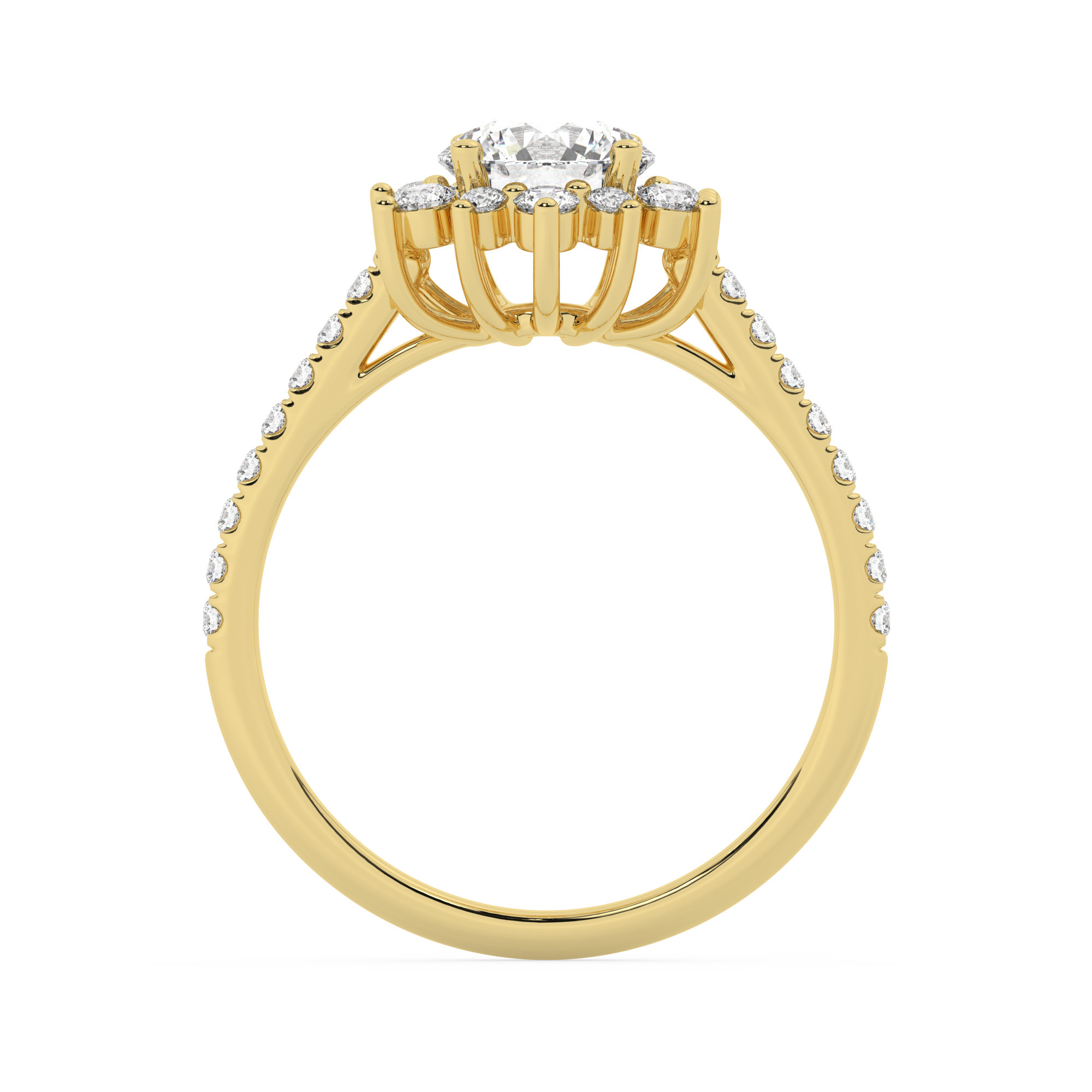 טבעת אירוסין היילו דגם 50024 זהב צהוב 14 קראט במרכז יהלום טבעי 1 קראט בחיתוך עגול עם תעודה גמולוגית אמריקאית GIA מסביב ובצדדים יהלומים טבעים במשקל כולל של 0.39 קראט בחיתוך עגול – תמונה 3