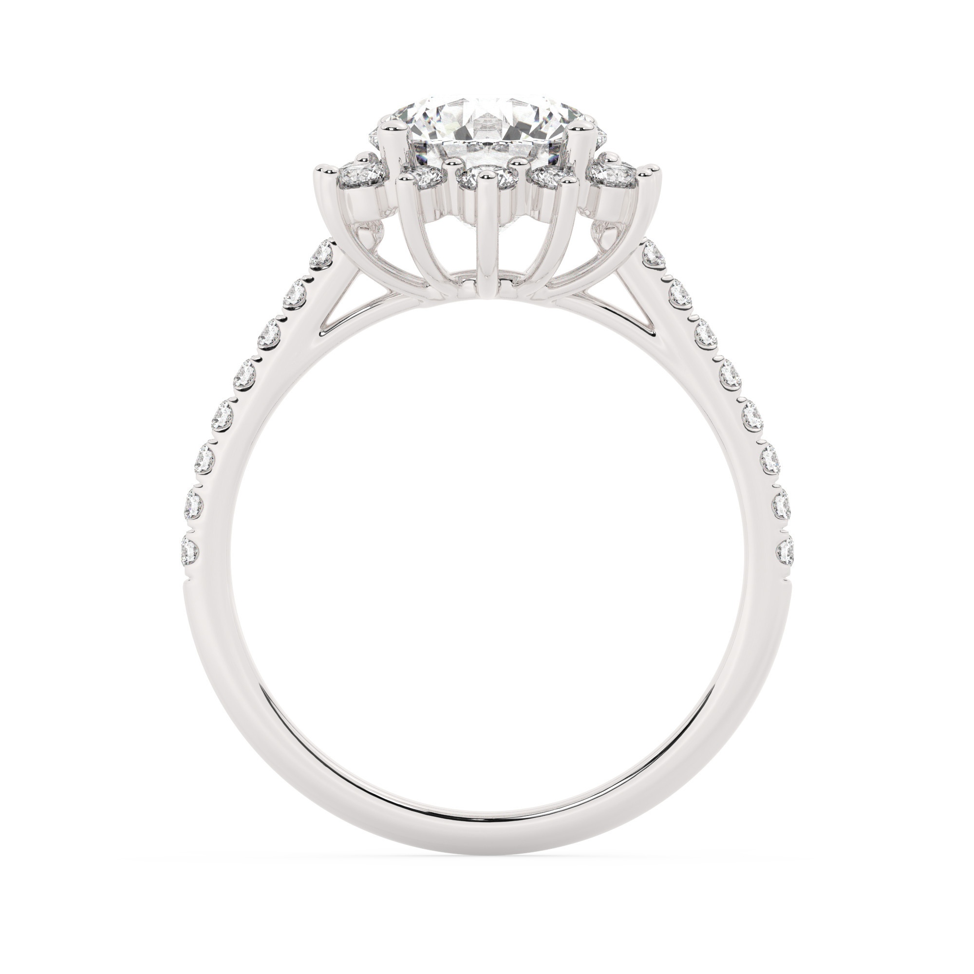 טבעת אירוסין היילו דגם 50024 זהב לבן 14 קראט במרכז זירקוניה 2 קראט בחיתוך עגול מסביב ובצדדים זירקונים בחיתוך עגול – תמונה 3