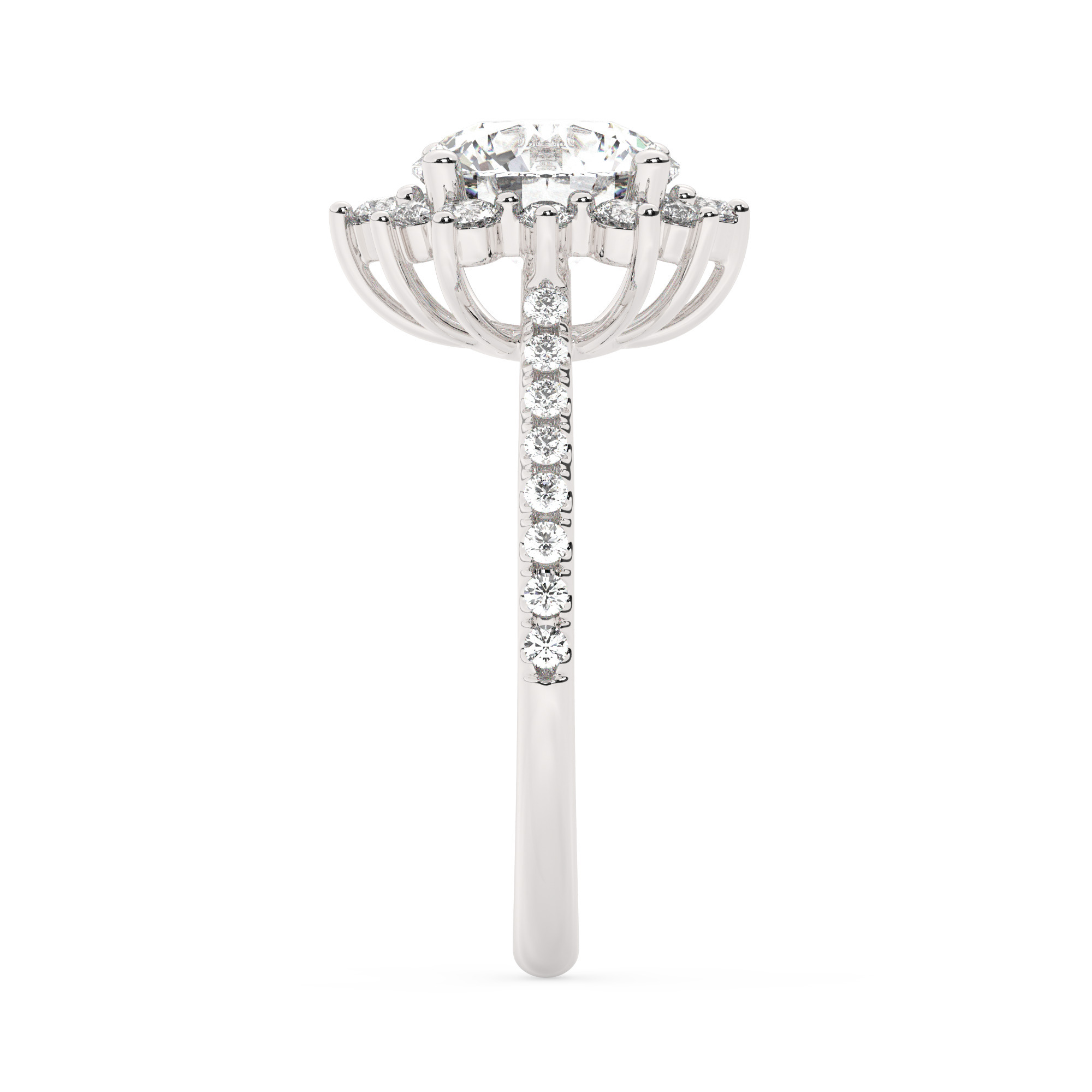 טבעת אירוסין היילו דגם 50024 זהב לבן 14 קראט במרכז זירקוניה 2 קראט בחיתוך עגול מסביב ובצדדים זירקונים בחיתוך עגול – תמונה 4