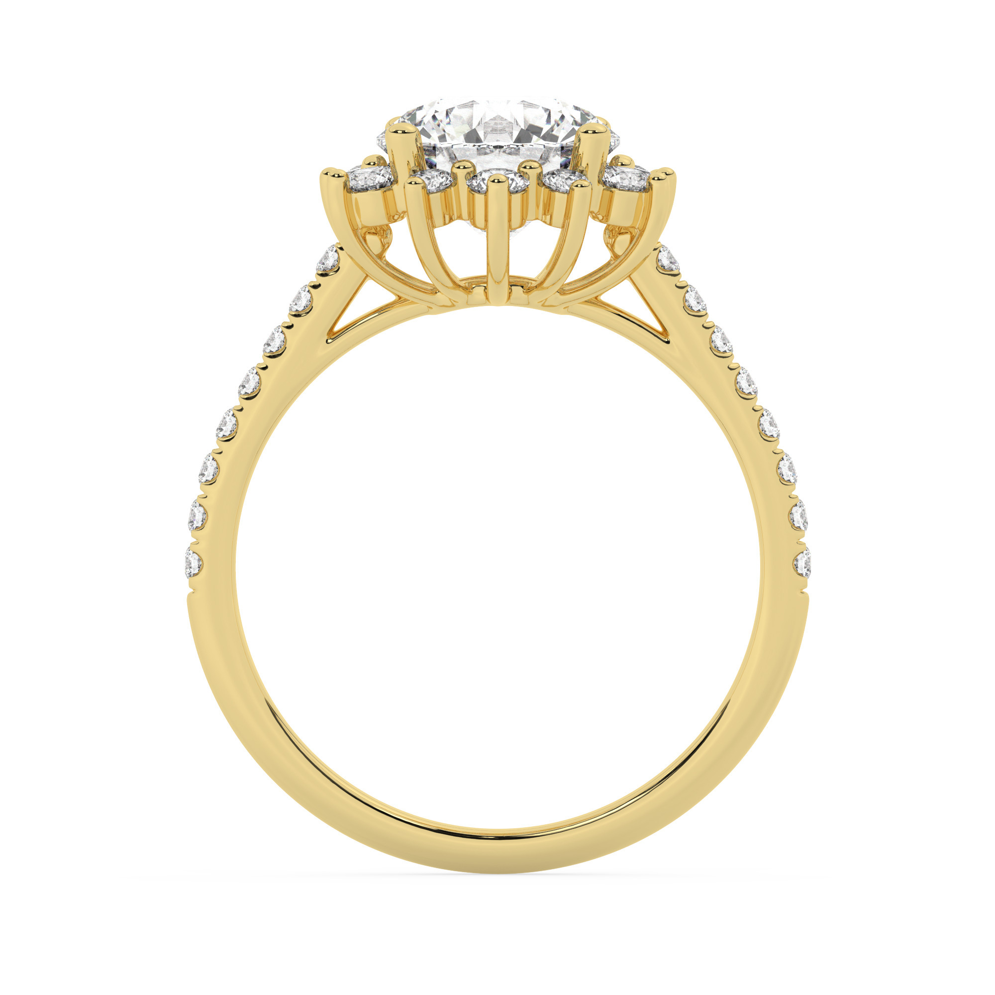 טבעת אירוסין היילו דגם 50024 זהב צהוב 14 קראט במרכז זירקוניה 2.50 קראט בחיתוך עגול מסביב ובצדדים זירקונים בחיתוך עגול – תמונה 3