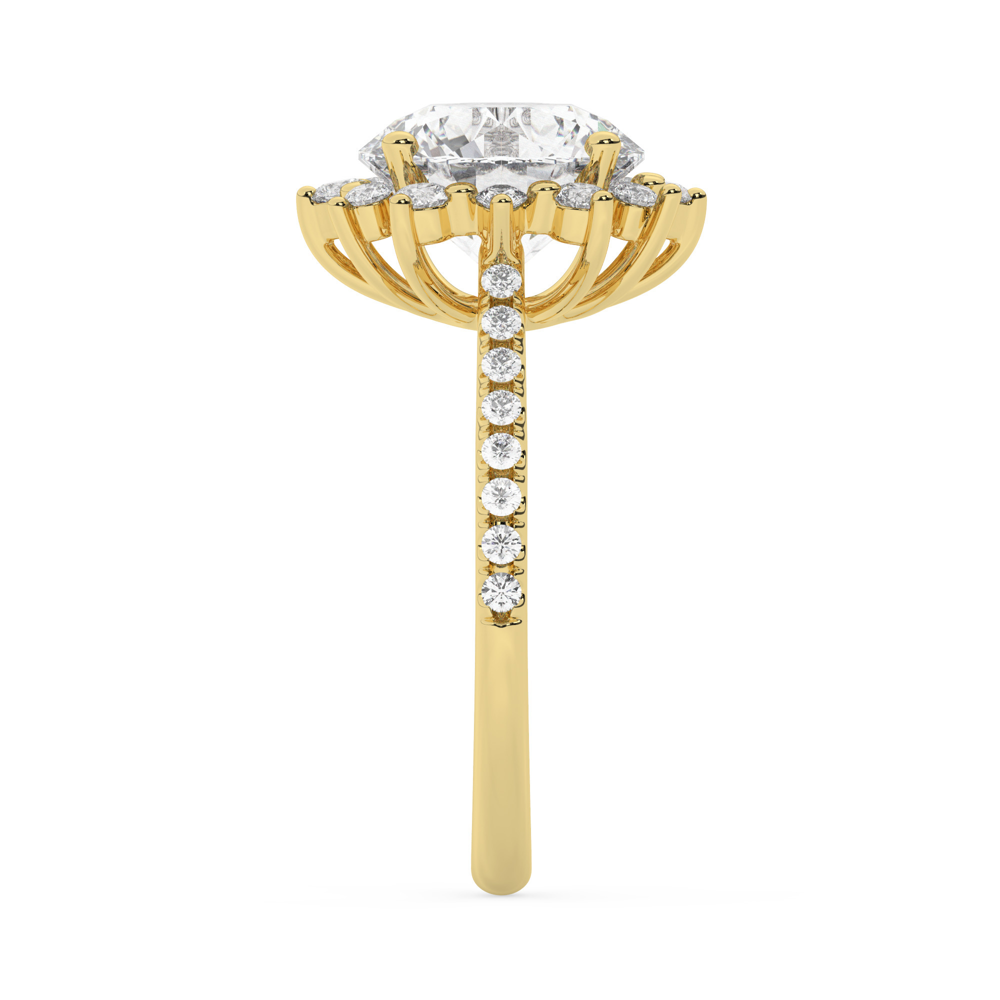 טבעת אירוסין היילו דגם 50024 זהב צהוב 14 קראט במרכז יהלום טבעי 3 קראט בחיתוך עגול עם תעודה גמולוגית אמריקאית GIA מסביב ובצדדים יהלומים טבעים במשקל כולל של 0.39 קראט בחיתוך עגול – תמונה 4