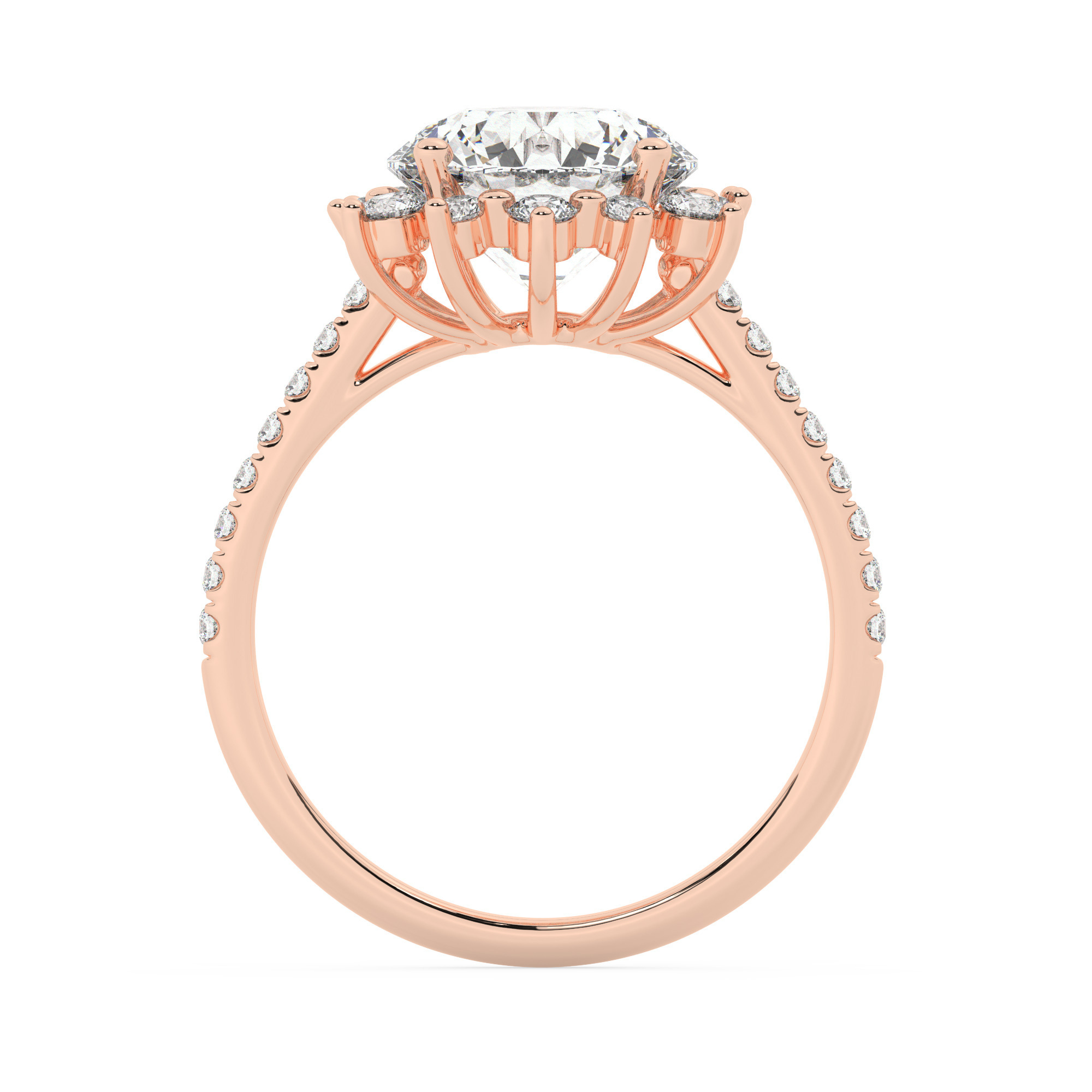 טבעת אירוסין היילו דגם 50024 כסף מצופה זהב אדום רוזגולד במרכז זירקוניה 5 קראט בחיתוך עגול מסביב ובצדדים זירקונים בחיתוך עגול – תמונה 3