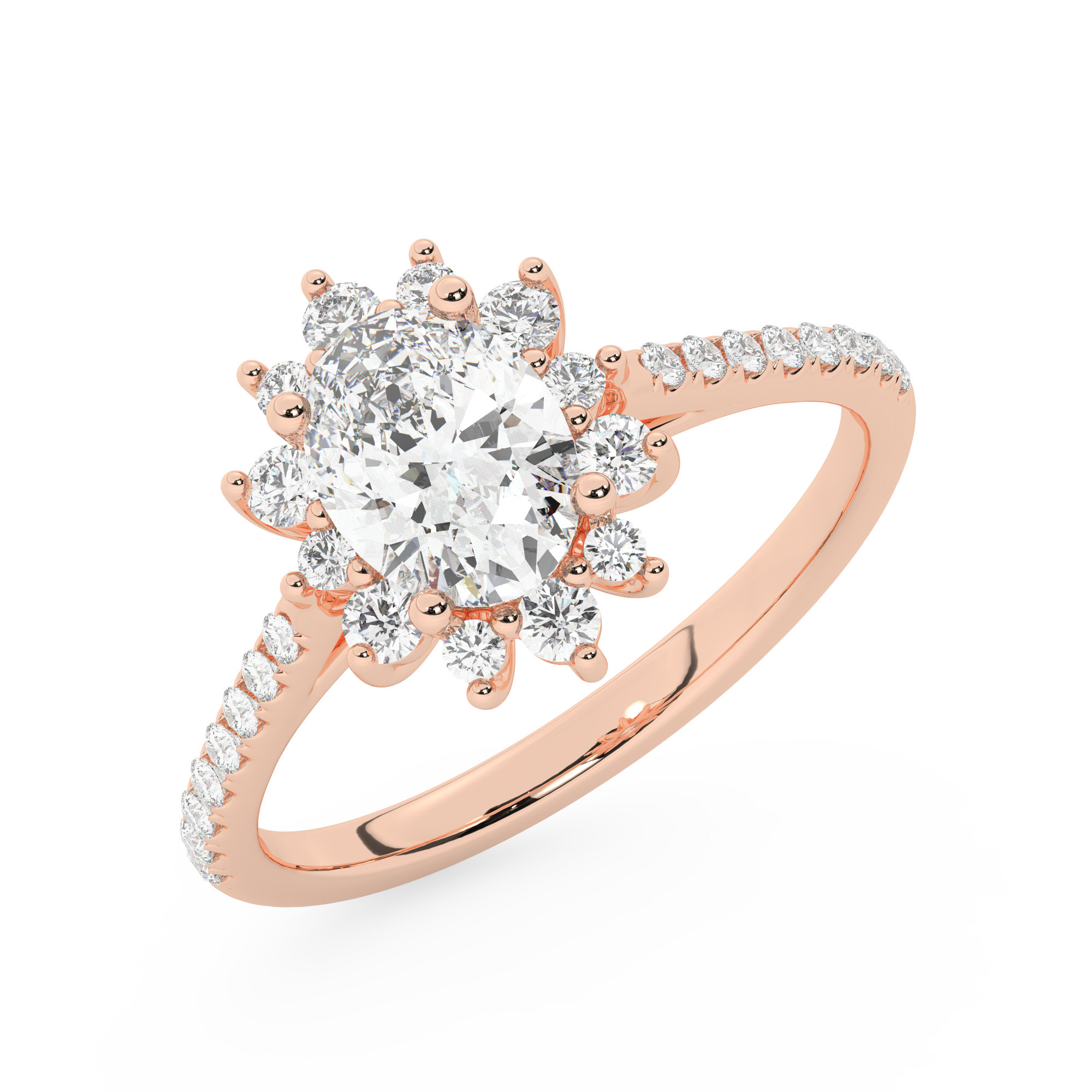 טבעת אירוסין היילו דגם 50024 זהב אדום רוזגולד 14 קראט במרכז זירקוניה 1 קראט בחיתוך אובל מסביב ובצדדים זירקונים בחיתוך עגול