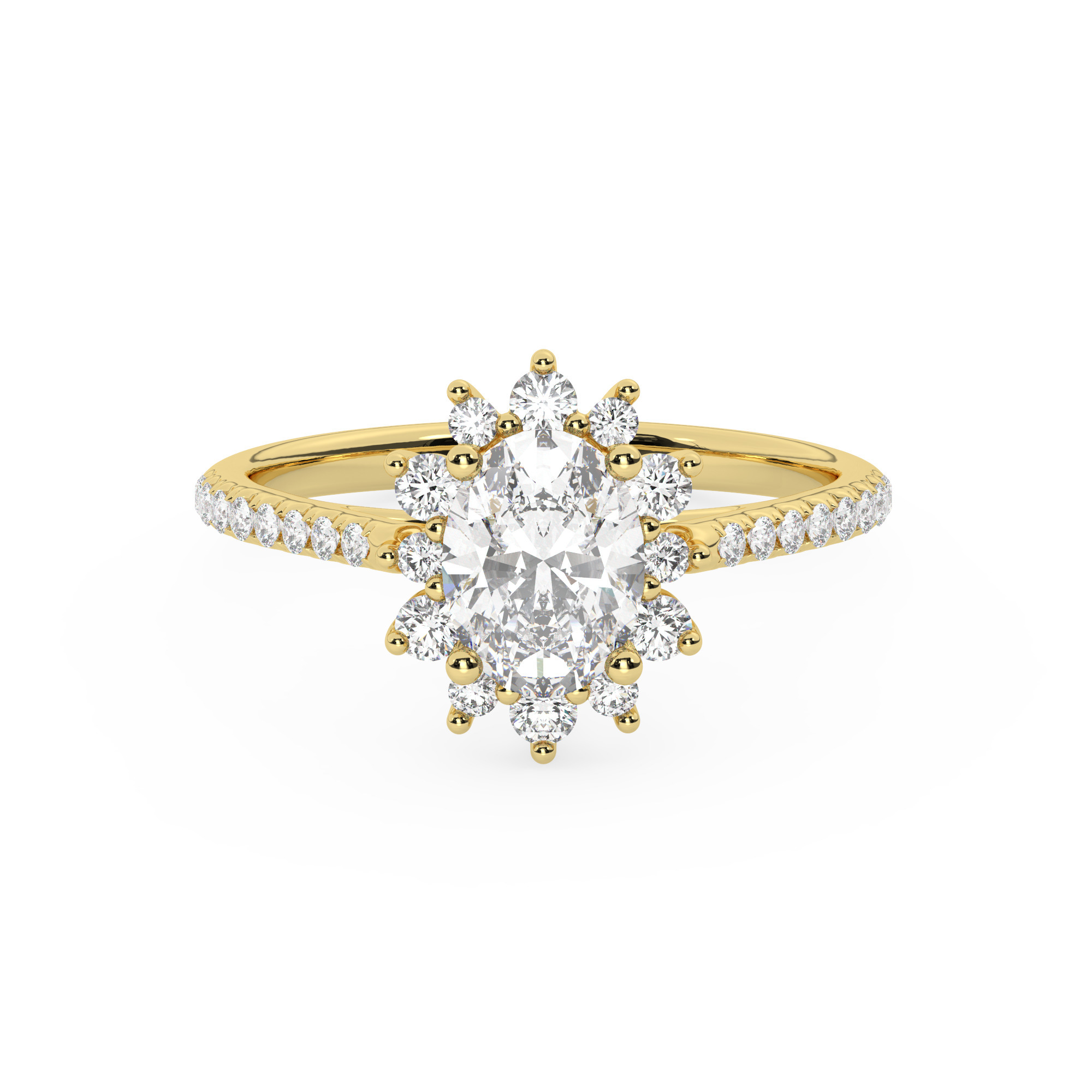 טבעת אירוסין היילו דגם 50024 זהב צהוב 14 קראט במרכז זירקוניה 1 קראט בחיתוך אובל מסביב ובצדדים זירקונים בחיתוך עגול – תמונה 2