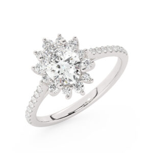 טבעת אירוסין היילו דגם 50024 זהב לבן 14 קראט במרכז זירקוניה 2 קראט בחיתוך אובל מסביב ובצדדים זירקונים בחיתוך עגול