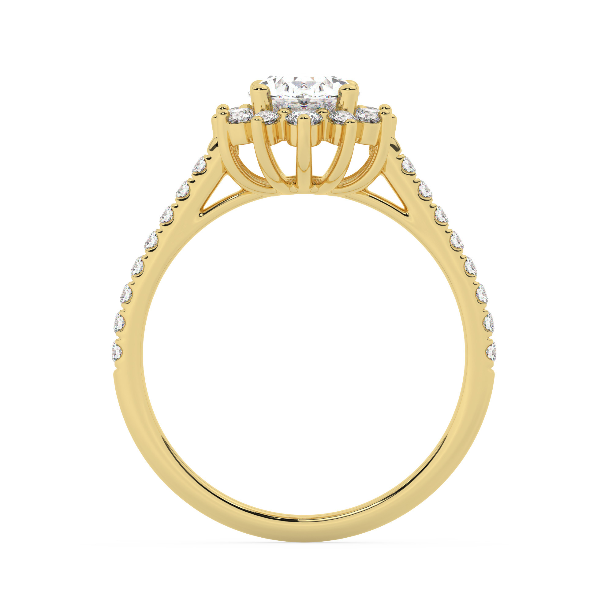 טבעת אירוסין היילו דגם 50024 זהב צהוב 14 קראט במרכז זירקוניה 2.50 קראט בחיתוך אובל מסביב ובצדדים זירקונים בחיתוך עגול – תמונה 3