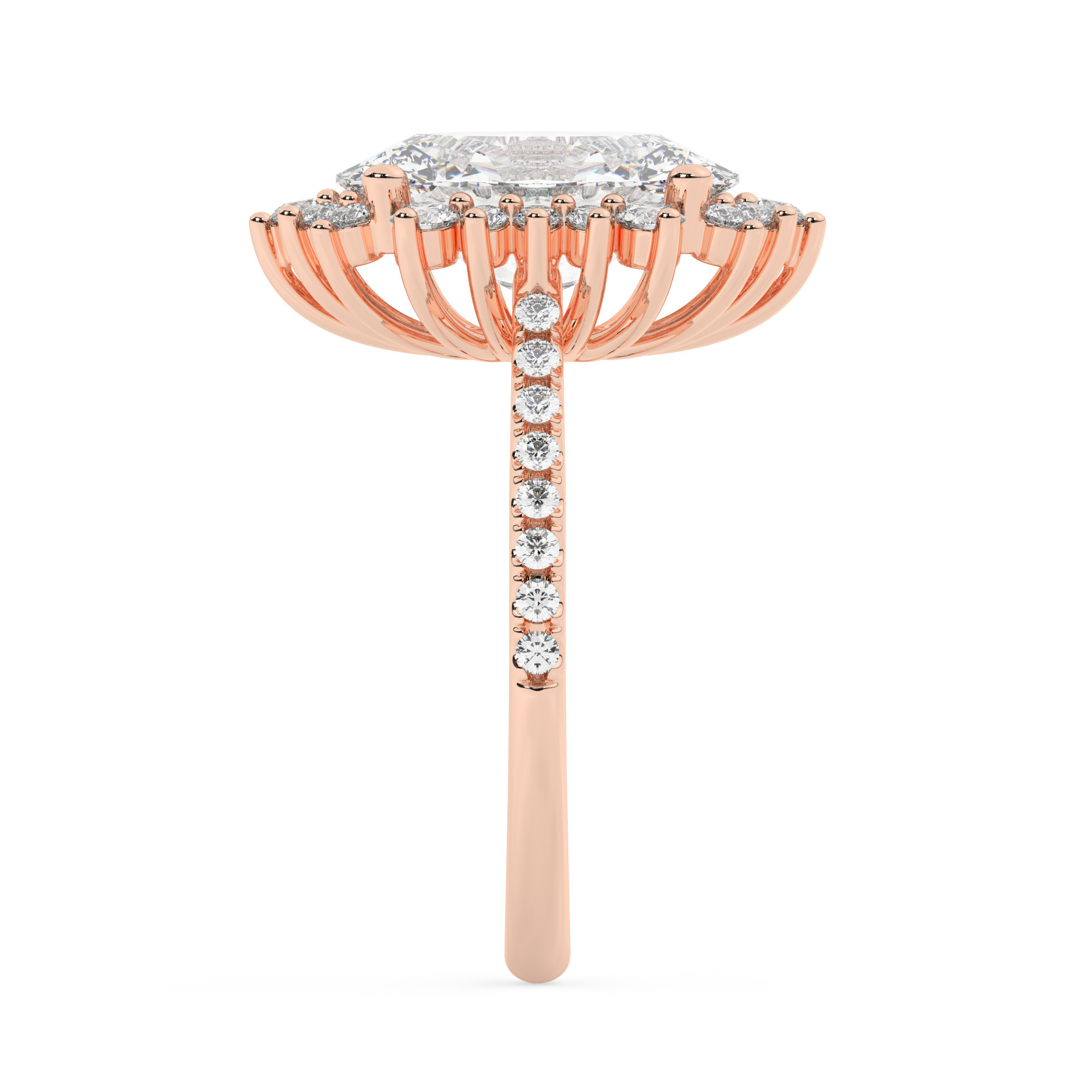 טבעת אירוסין היילו דגם 50024 זהב אדום רוזגולד 14 קראט במרכז זירקוניה 3 קראט בחיתוך אובל מסביב ובצדדים זירקונים בחיתוך עגול – תמונה 4