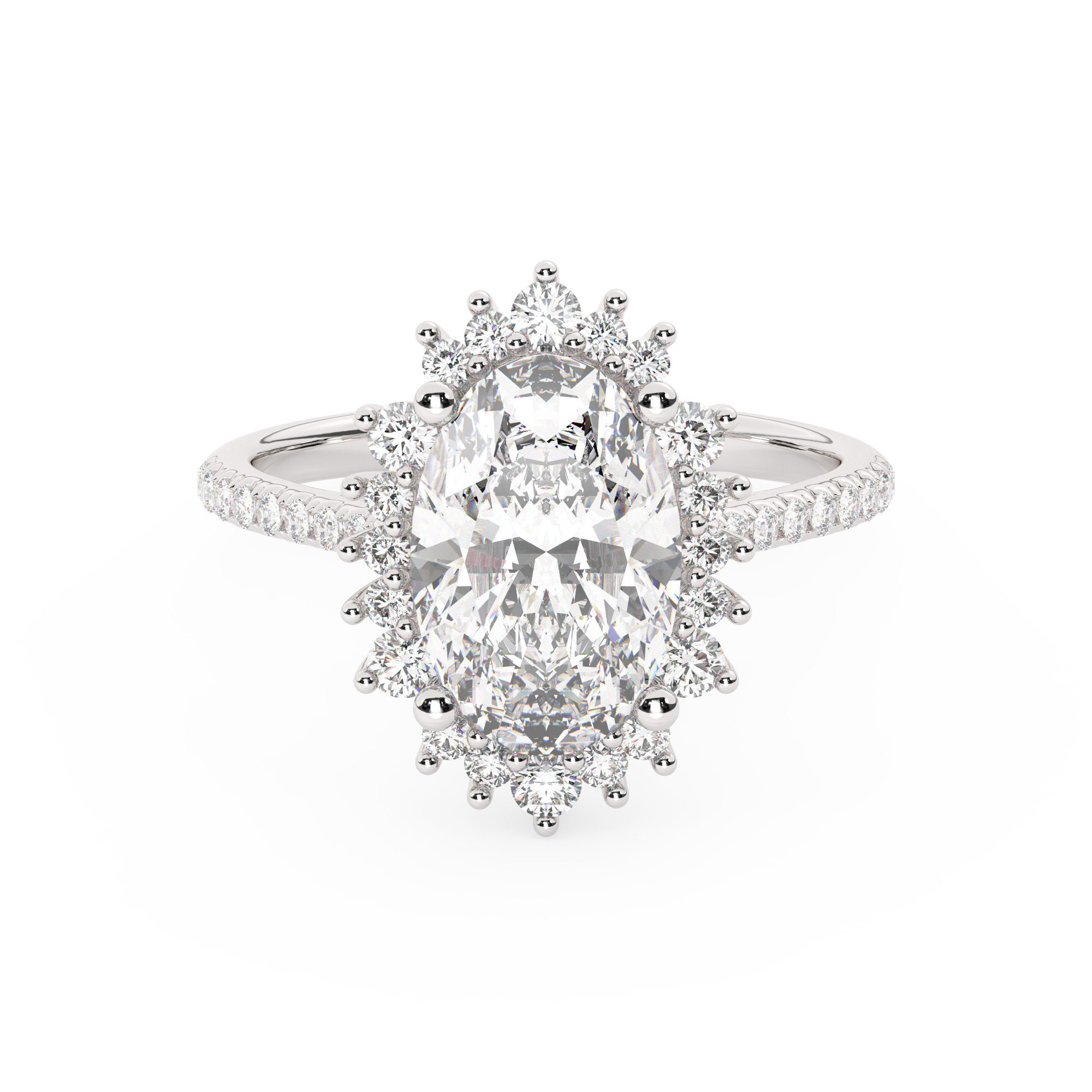 טבעת אירוסין היילו דגם 50024 זהב לבן 14 קראט במרכז זירקוניה 3 קראט בחיתוך אובל מסביב ובצדדים זירקונים בחיתוך עגול – תמונה 2