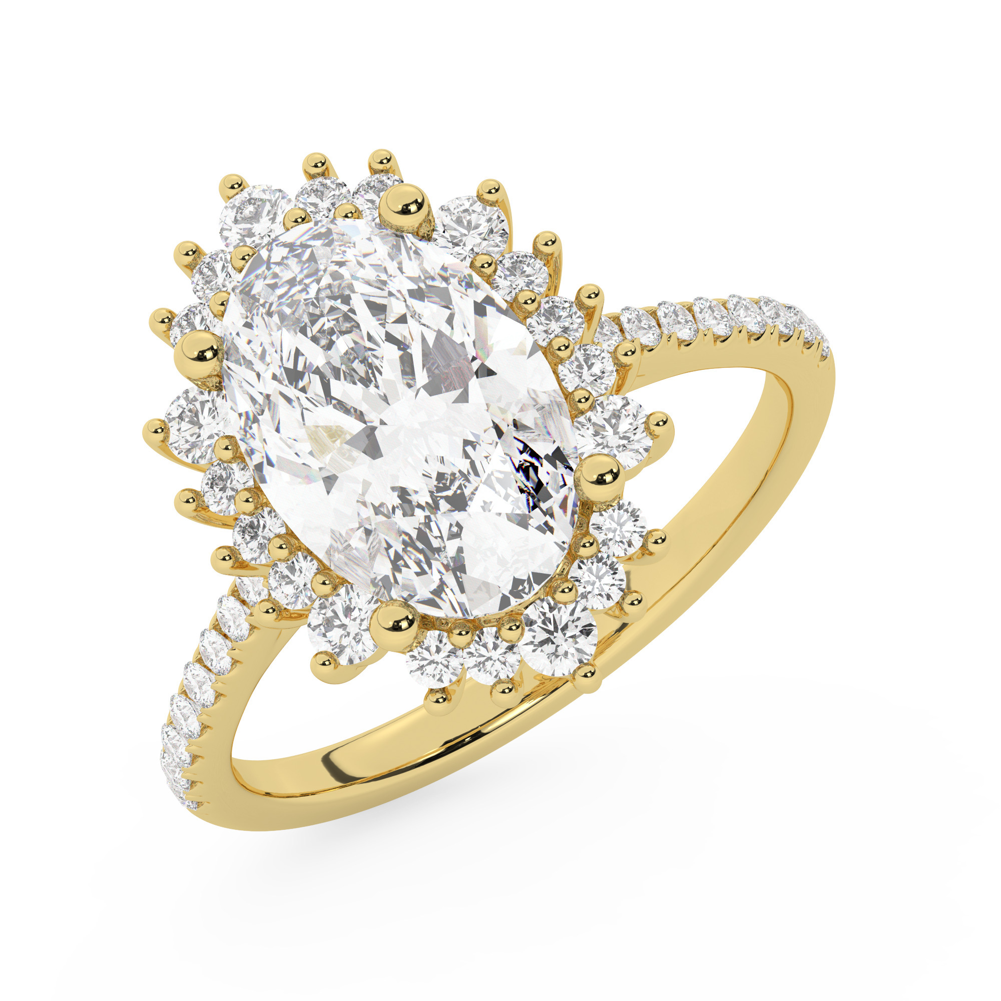 טבעת אירוסין היילו דגם 50024 זהב צהוב 14 קראט במרכז זירקוניה 4 קראט בחיתוך אובל מסביב ובצדדים זירקונים בחיתוך עגול