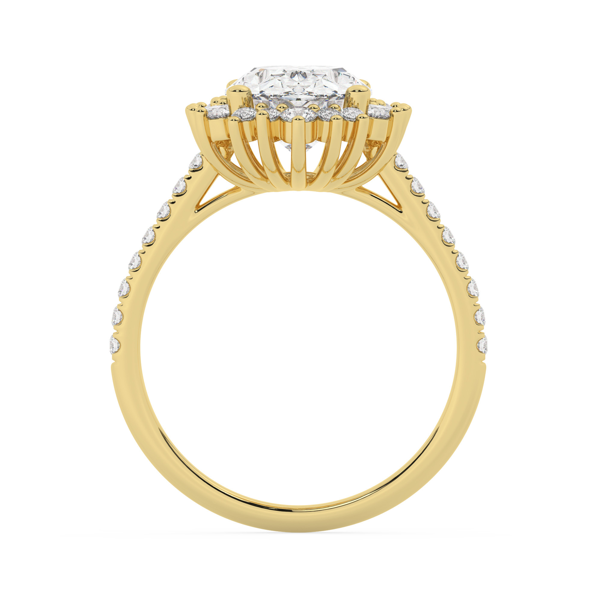 טבעת אירוסין היילו דגם 50024 זהב צהוב 14 קראט במרכז זירקוניה 4 קראט בחיתוך אובל מסביב ובצדדים זירקונים בחיתוך עגול – תמונה 3