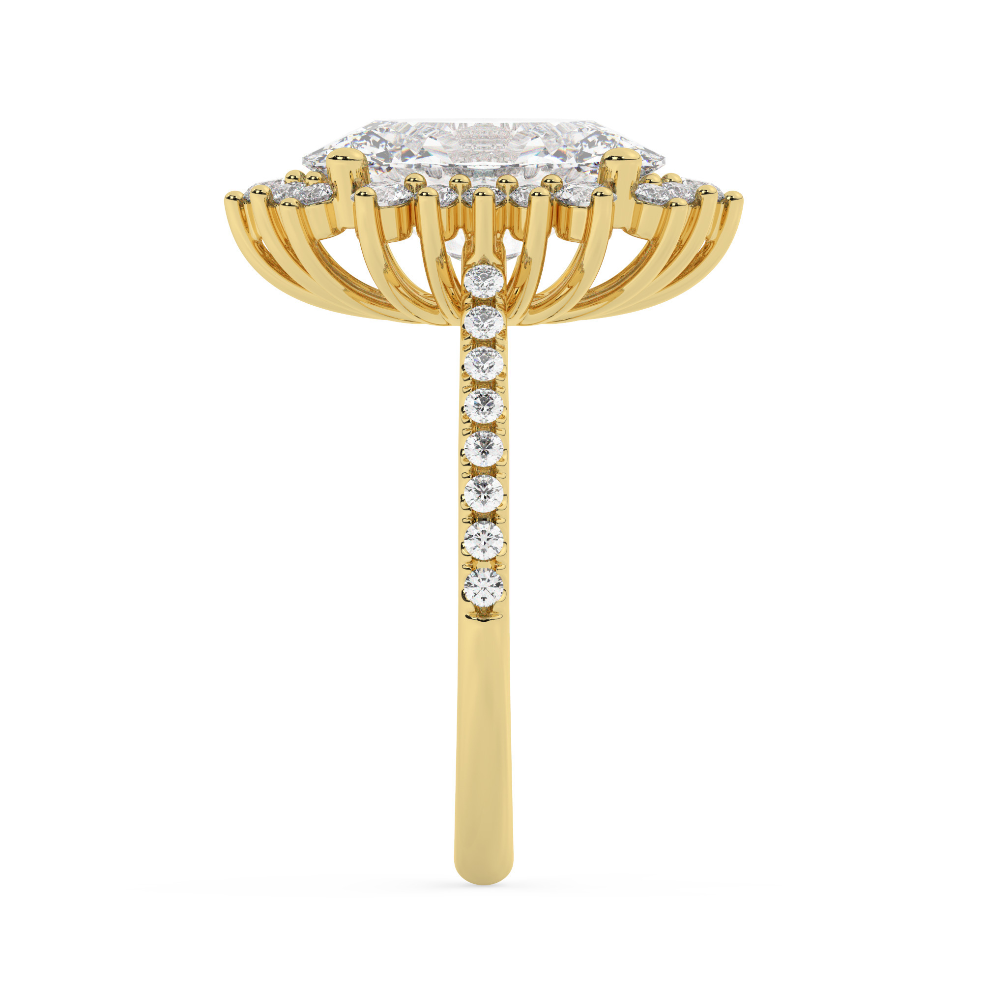 טבעת אירוסין היילו דגם 50024 זהב צהוב 14 קראט במרכז זירקוניה 4 קראט בחיתוך אובל מסביב ובצדדים זירקונים בחיתוך עגול – תמונה 4