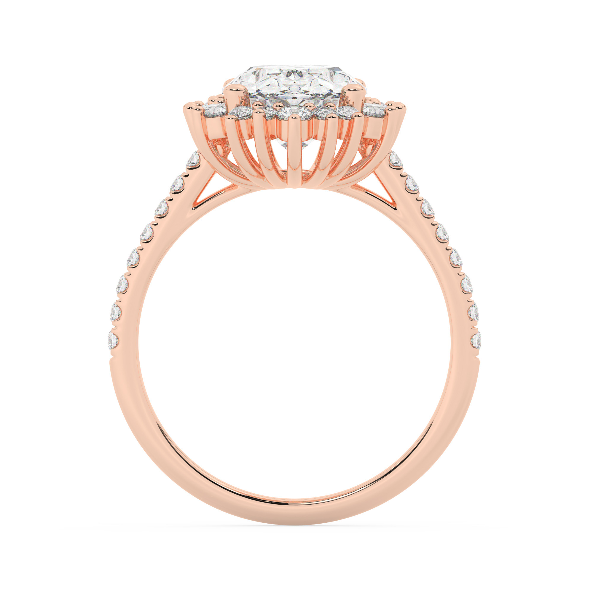 טבעת אירוסין היילו דגם 50024 זהב אדום רוזגולד 14 קראט במרכז זירקוניה 5 קראט בחיתוך אובל מסביב ובצדדים זירקונים בחיתוך עגול – תמונה 3