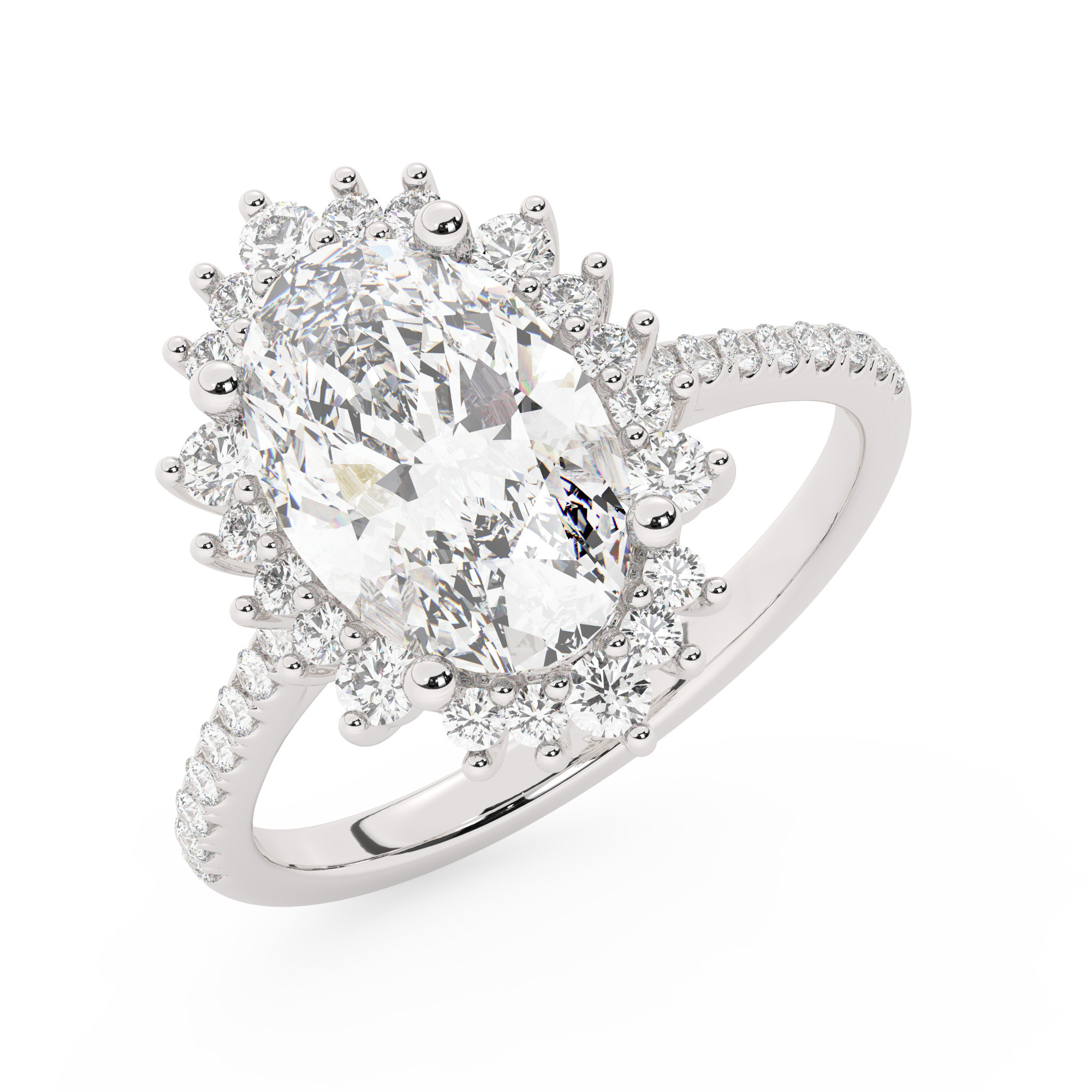 טבעת אירוסין היילו דגם 50024 זהב לבן 14 קראט במרכז זירקוניה 5 קראט בחיתוך אובל מסביב ובצדדים זירקונים בחיתוך עגול