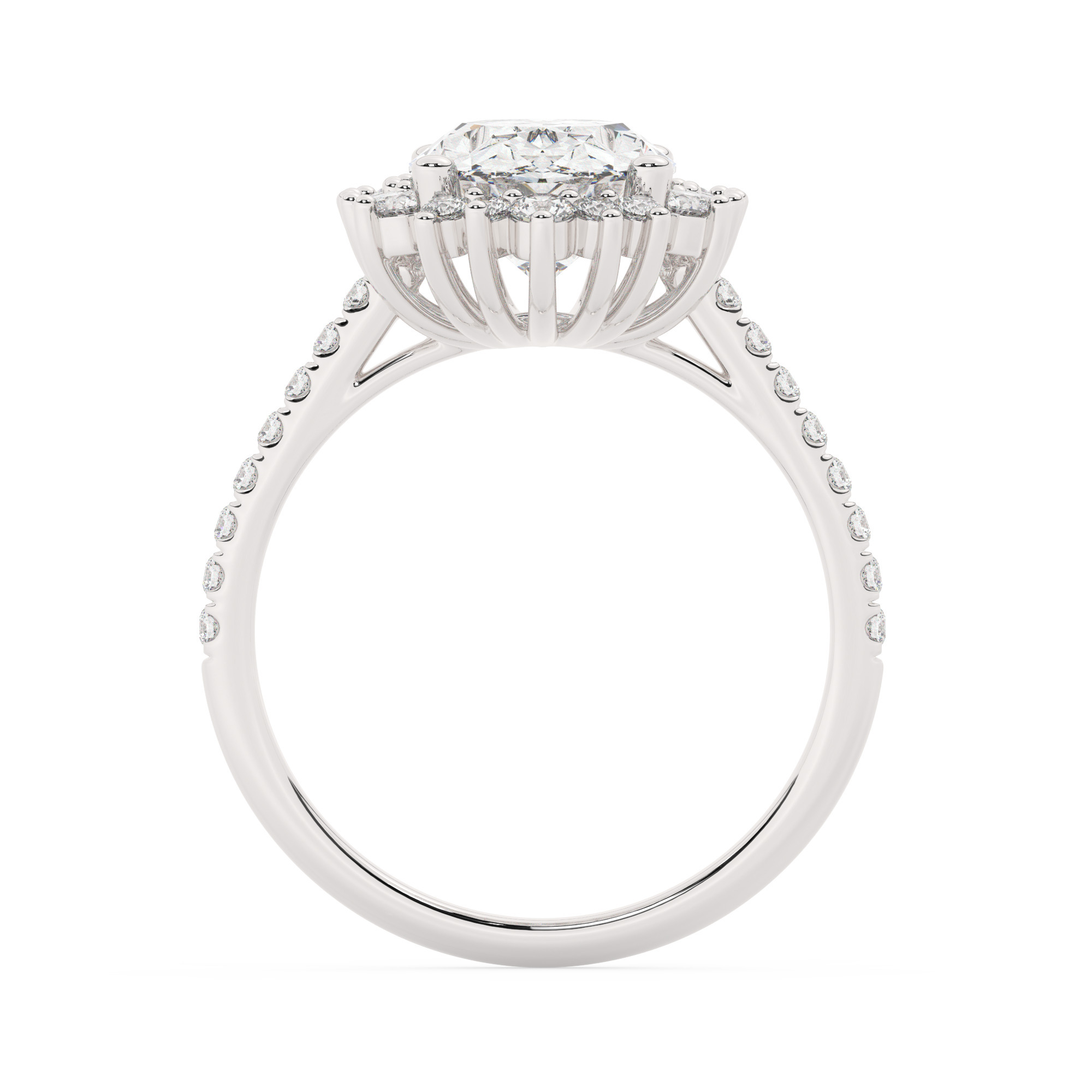 טבעת אירוסין היילו דגם 50024 זהב לבן 14 קראט במרכז זירקוניה 5 קראט בחיתוך אובל מסביב ובצדדים זירקונים בחיתוך עגול – תמונה 3