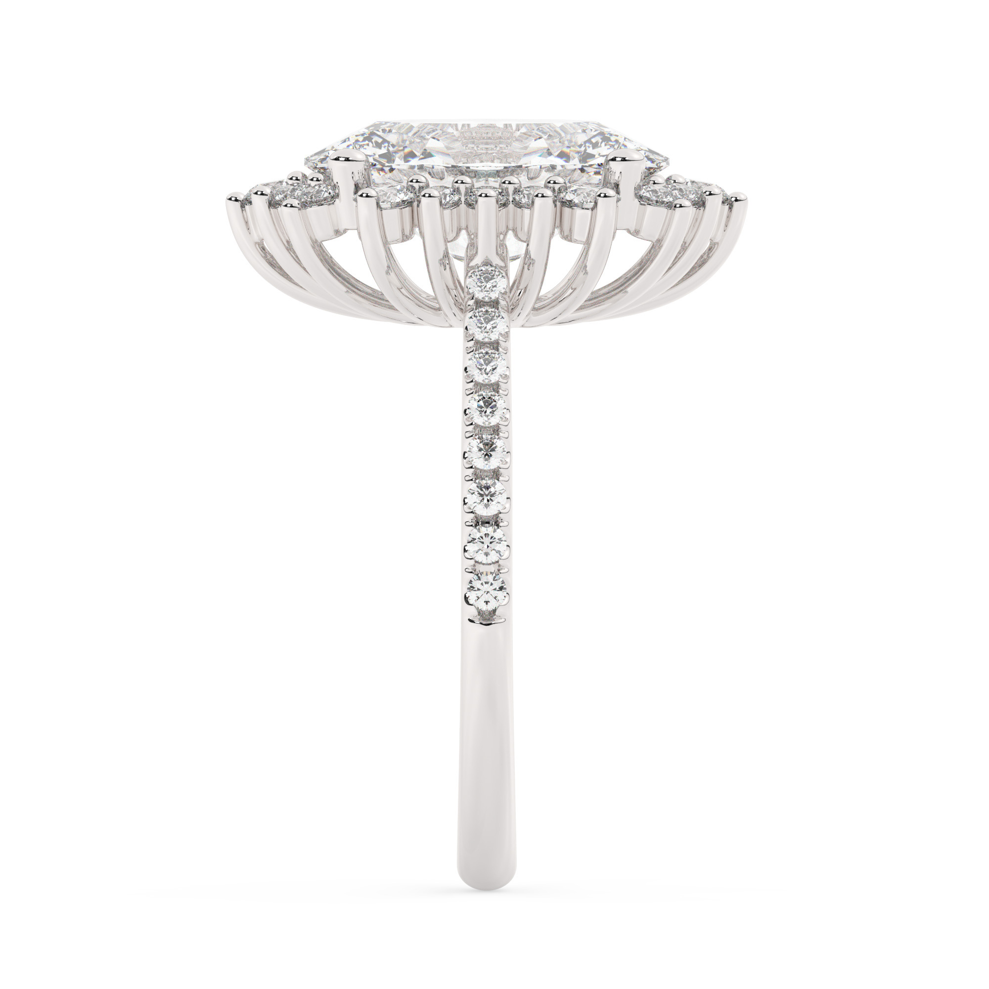 טבעת אירוסין היילו דגם 50024 זהב לבן 14 קראט במרכז זירקוניה 5 קראט בחיתוך אובל מסביב ובצדדים זירקונים בחיתוך עגול – תמונה 4