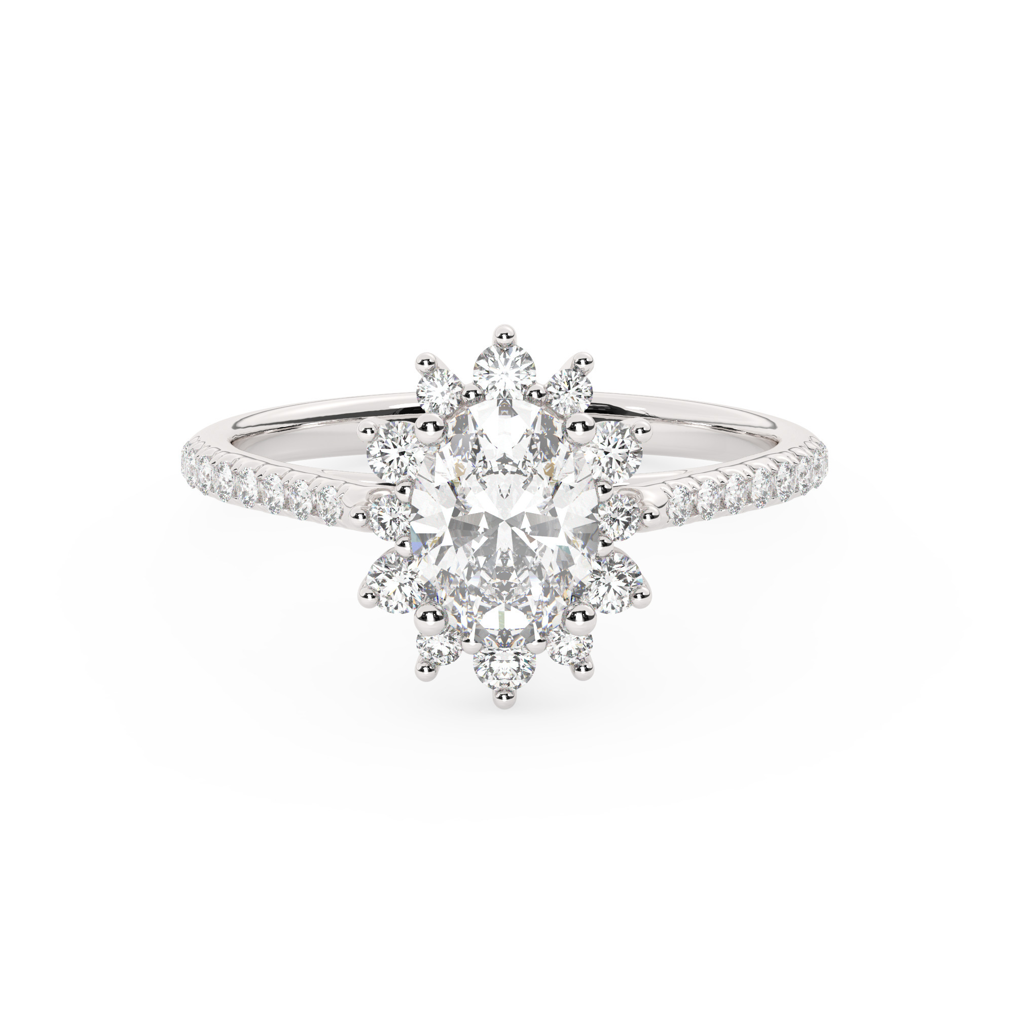 טבעת אירוסין היילו דגם 50024 זהב לבן 14 קראט במרכז זירקוניה 0.50 קראט בחיתוך אובל מסביב ובצדדים זירקונים בחיתוך עגול – תמונה 2