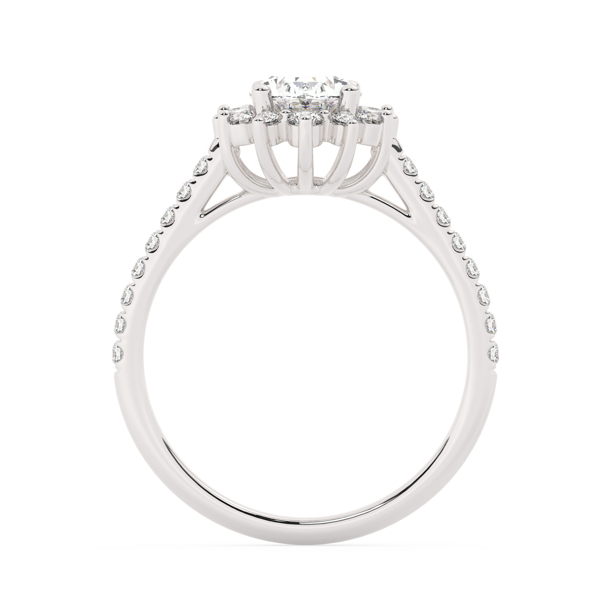 טבעת אירוסין היילו דגם 50024 זהב לבן 14 קראט במרכז זירקוניה 0.75 קראט בחיתוך אובל מסביב ובצדדים זירקונים בחיתוך עגול – תמונה 3