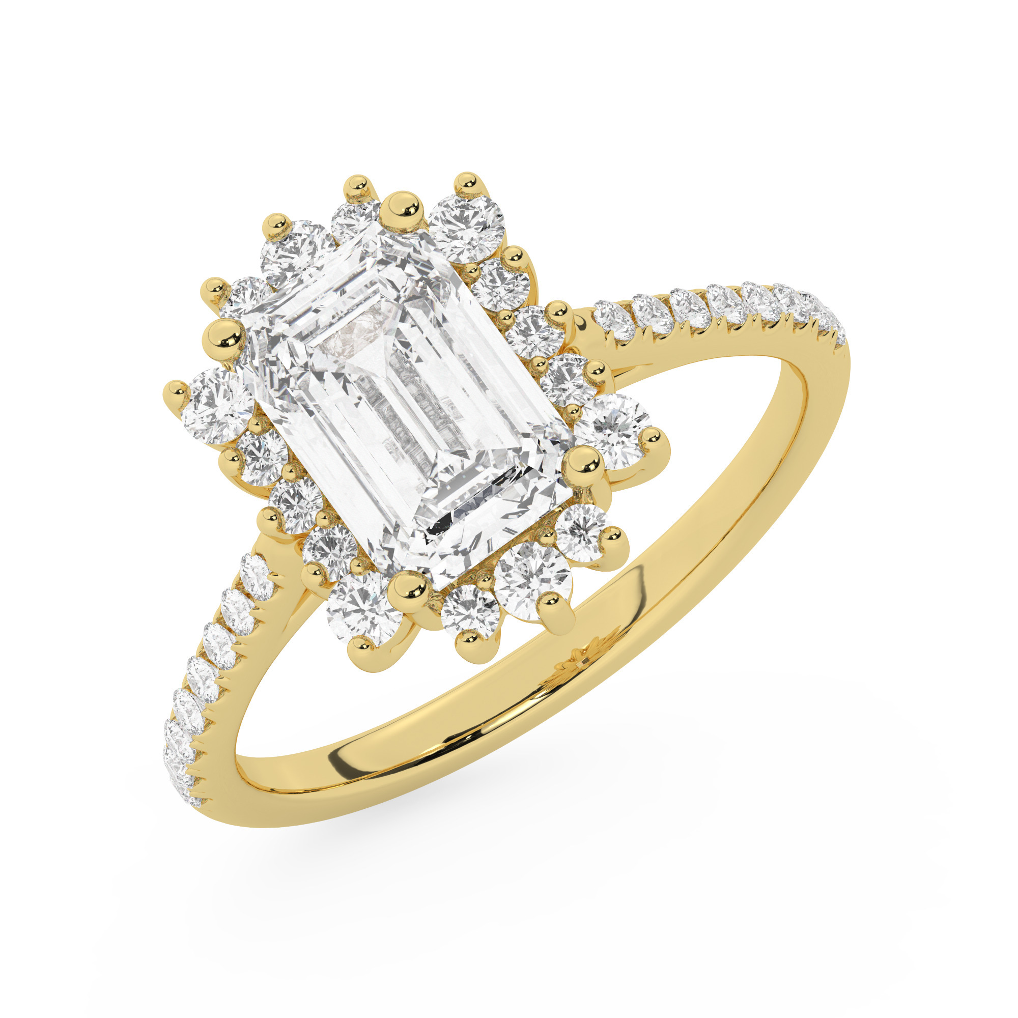 טבעת אירוסין היילו דגם 50024 זהב צהוב 14 קראט במרכז זירקוניה 1 קראט בחיתוך אמרלד מסביב ובצדדים זירקונים בחיתוך עגול