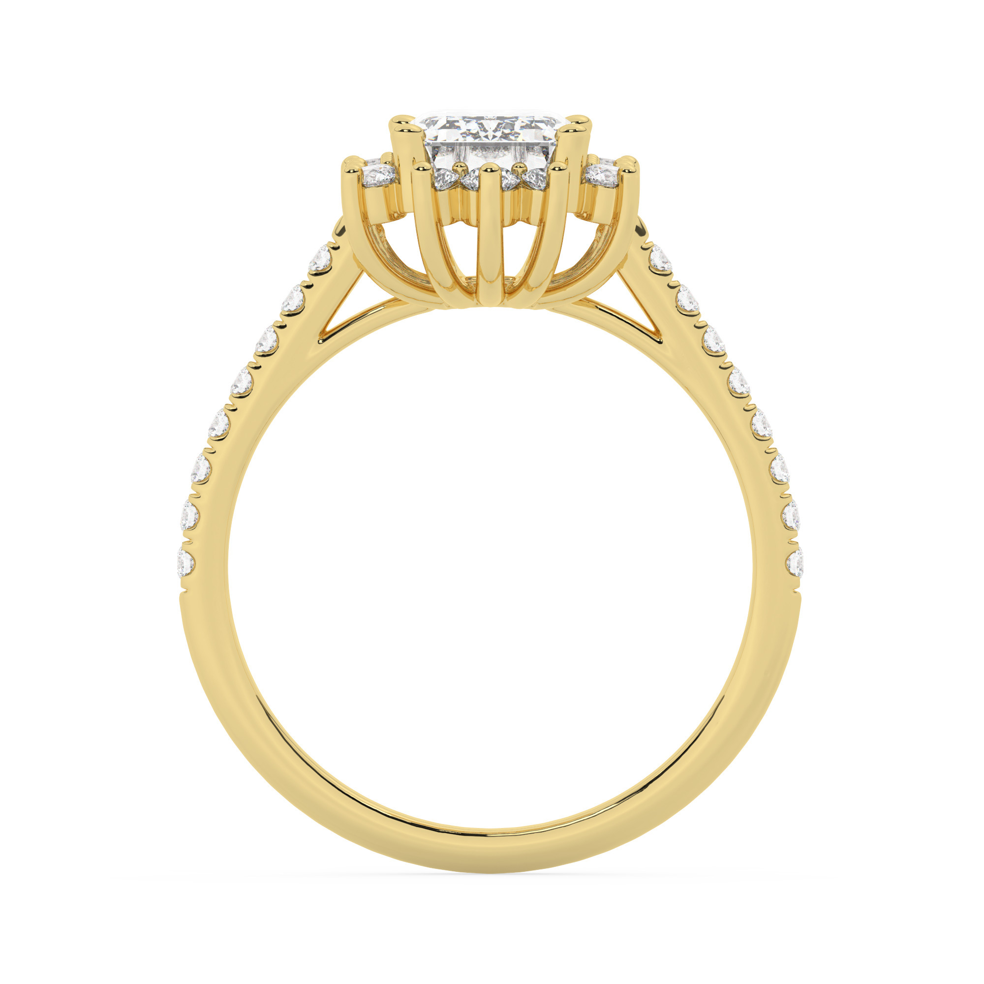 טבעת אירוסין היילו דגם 50024 זהב צהוב 14 קראט במרכז זירקוניה 1 קראט בחיתוך אמרלד מסביב ובצדדים זירקונים בחיתוך עגול – תמונה 3