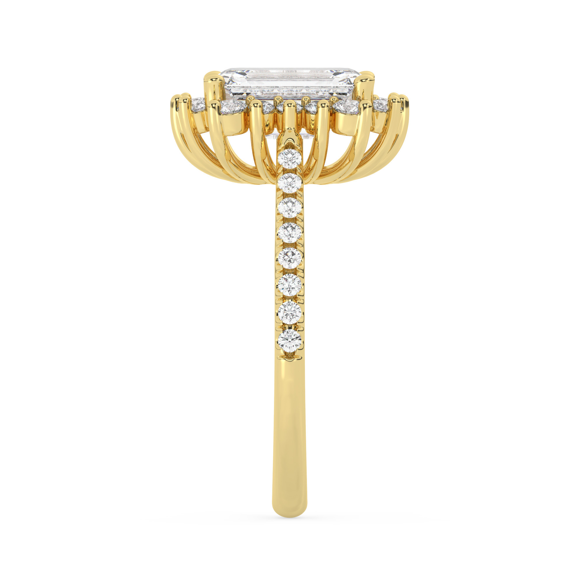 טבעת אירוסין היילו דגם 50024 זהב צהוב 14 קראט במרכז זירקוניה 1 קראט בחיתוך אמרלד מסביב ובצדדים זירקונים בחיתוך עגול – תמונה 4