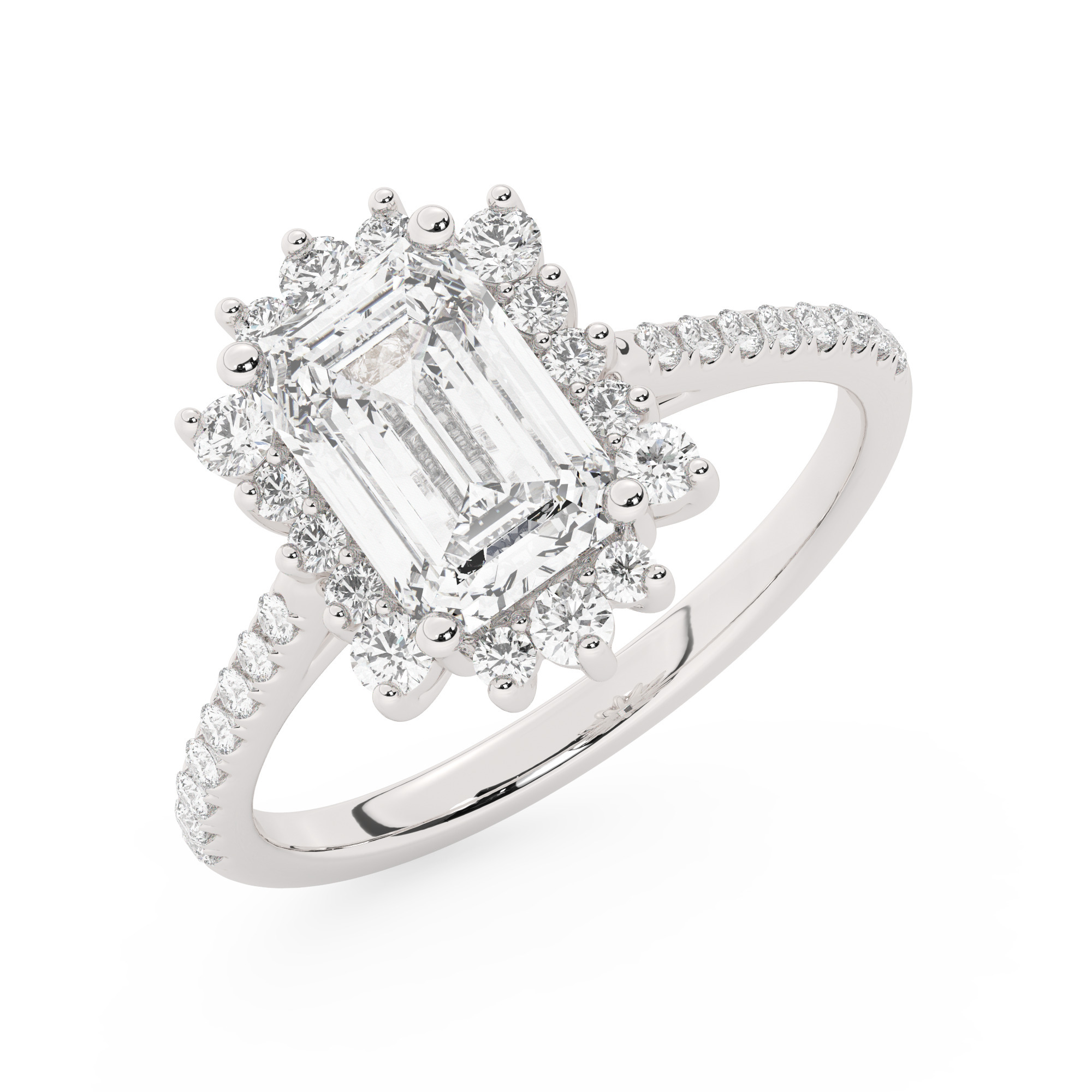 טבעת אירוסין היילו דגם 50024 זהב לבן 14 קראט במרכז זירקוניה 0.50 קראט בחיתוך אמרלד מסביב ובצדדים זירקונים בחיתוך עגול