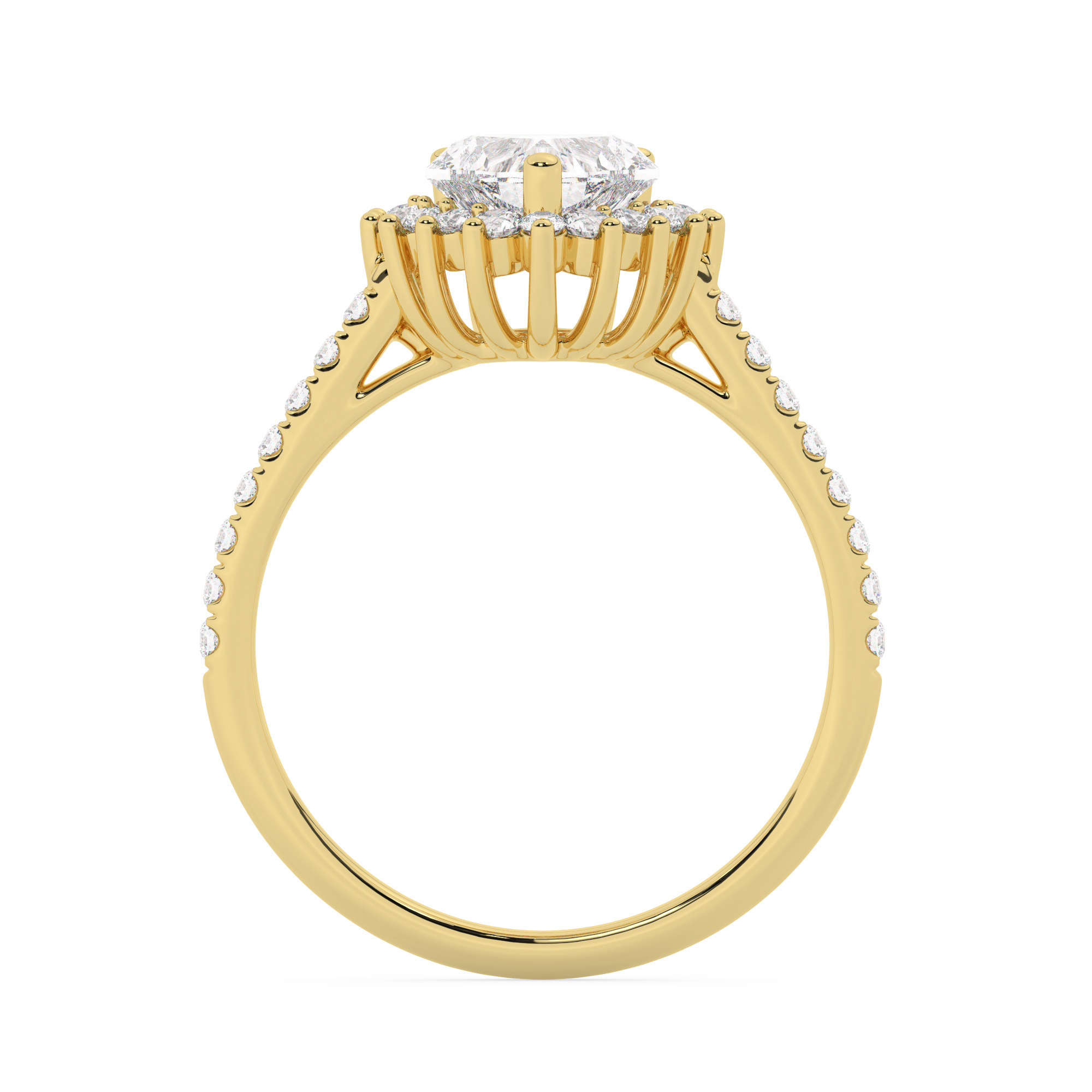 טבעת אירוסין היילו דגם 50024 זהב צהוב 14 קראט במרכז זירקוניה 1 קראט בחיתוך לב מסביב ובצדדים זירקונים בחיתוך עגול – תמונה 3