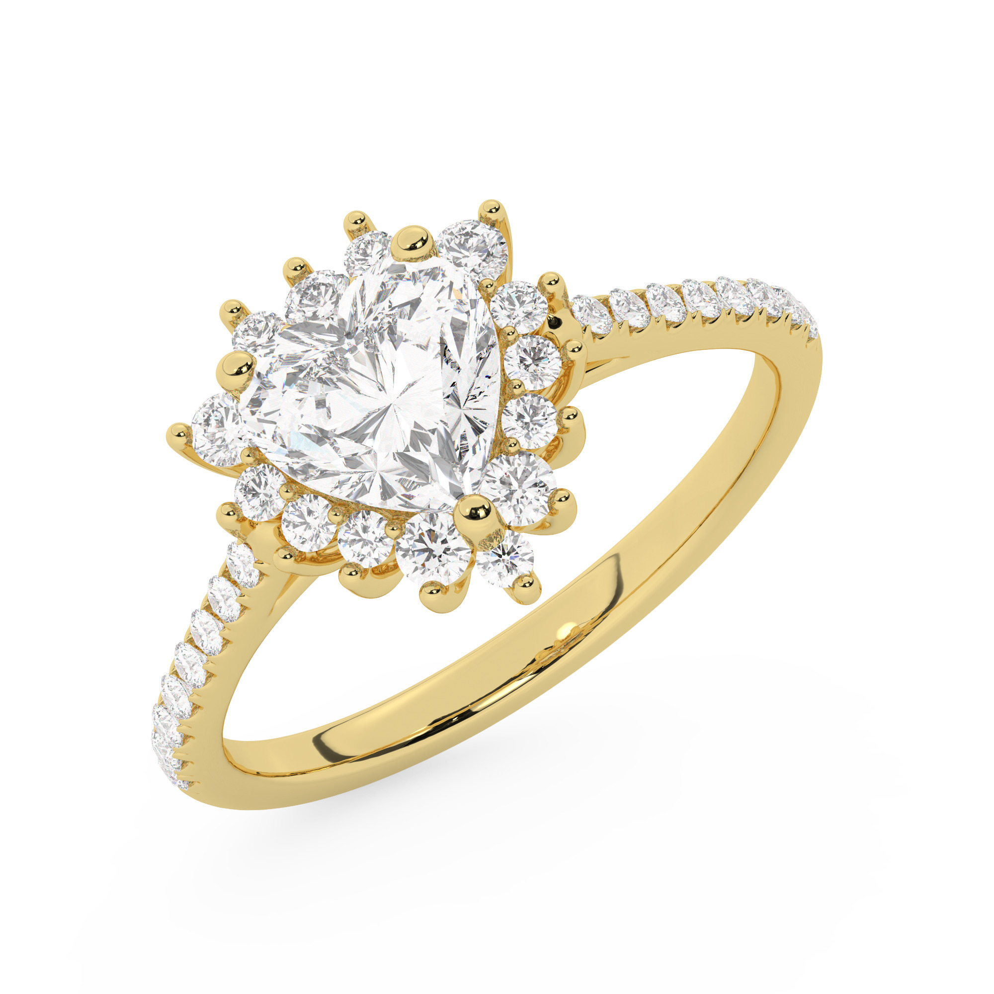 טבעת אירוסין היילו דגם 50024 זהב צהוב 14 קראט במרכז זירקוניה 1.50 קראט בחיתוך לב מסביב ובצדדים זירקונים בחיתוך עגול