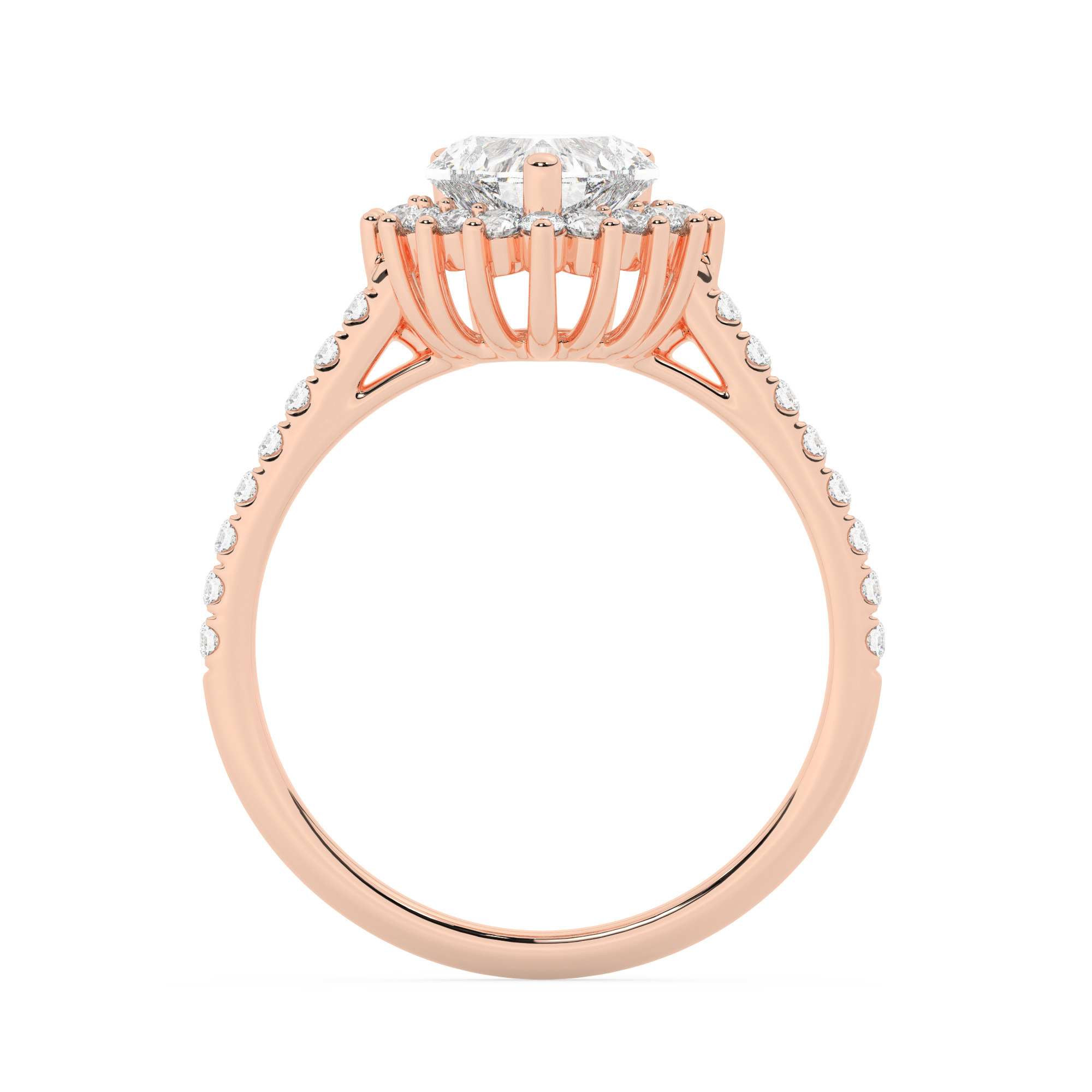 טבעת אירוסין היילו דגם 50024 זהב אדום רוזגולד 14 קראט במרכז זירקוניה 5 קראט בחיתוך לב מסביב ובצדדים זירקונים בחיתוך עגול – תמונה 3